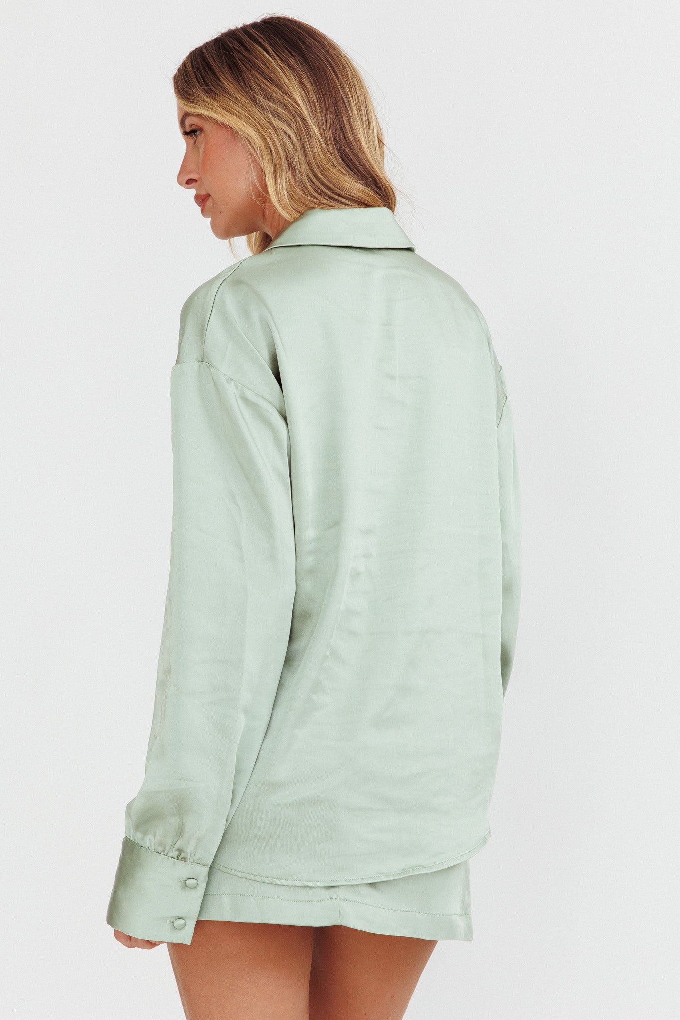 Coco Long Sleeve Satin Shirt Sage-Fable Dress