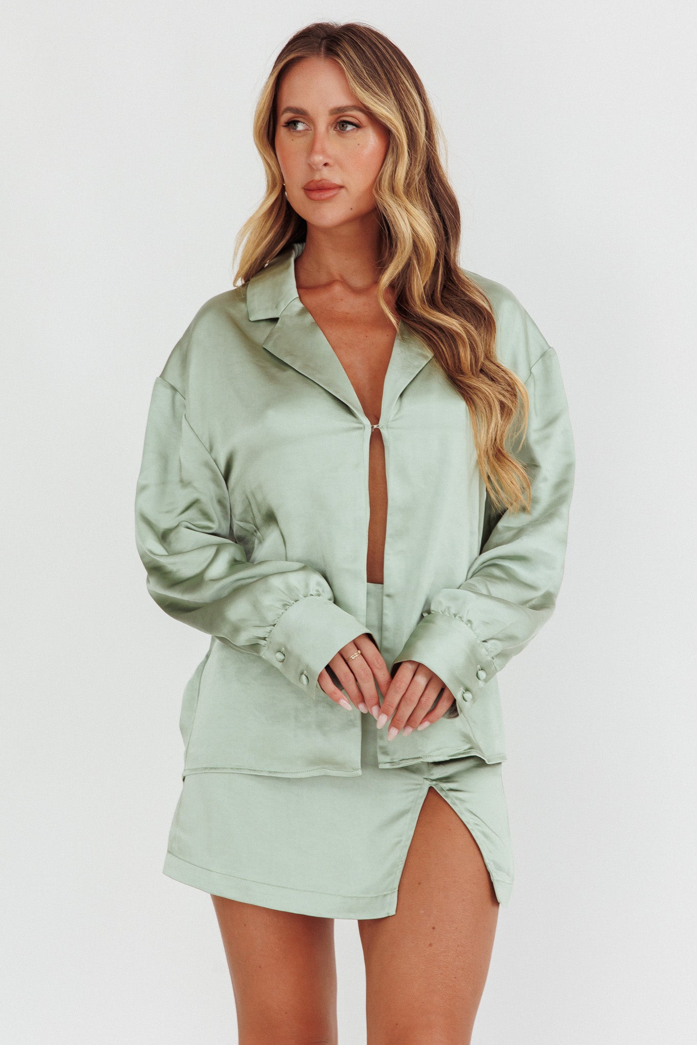 Coco Long Sleeve Satin Shirt Sage-Fable Dress