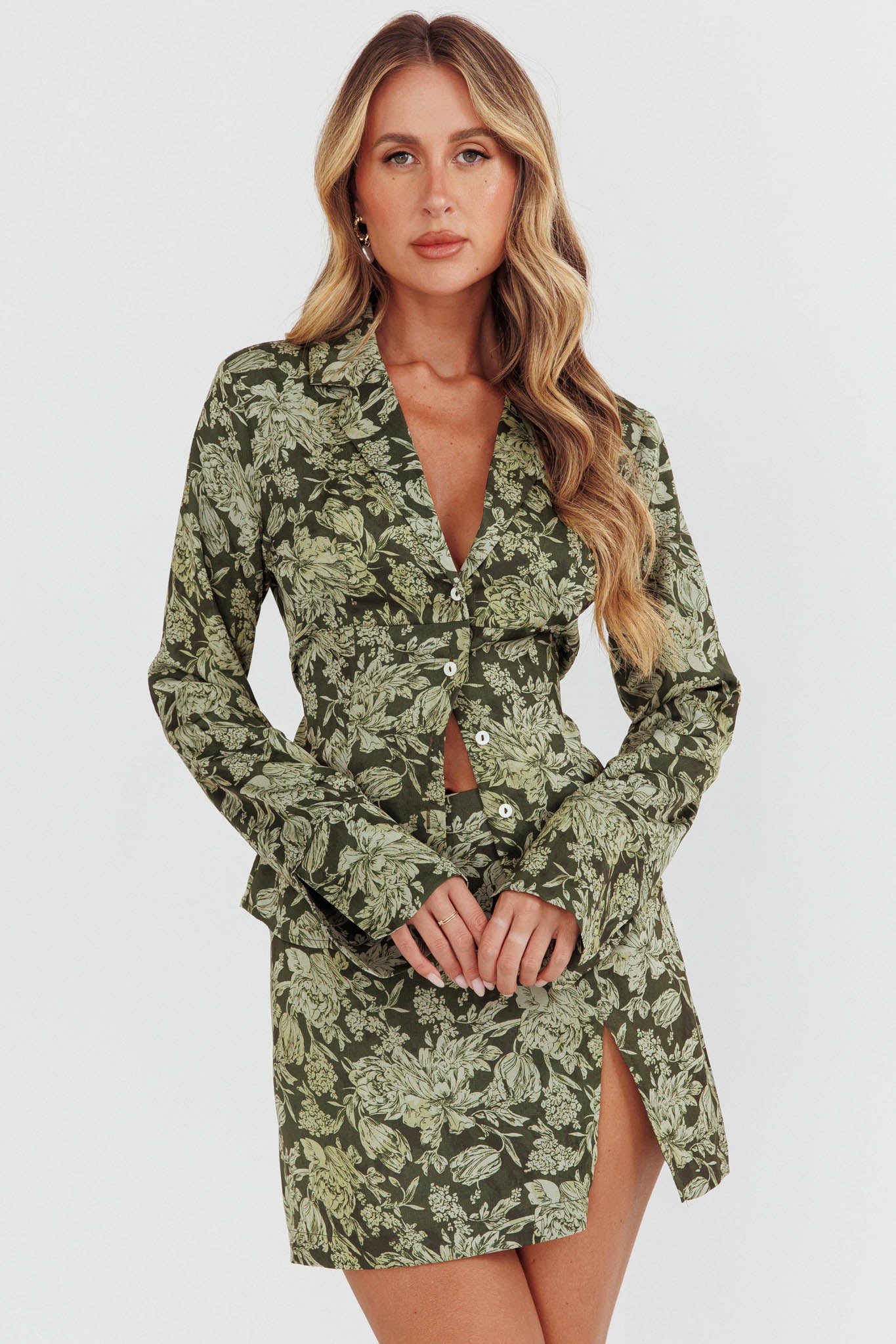 Caledonia Collared Button-Up Satin Shirt Floral Olive-Fable Dress