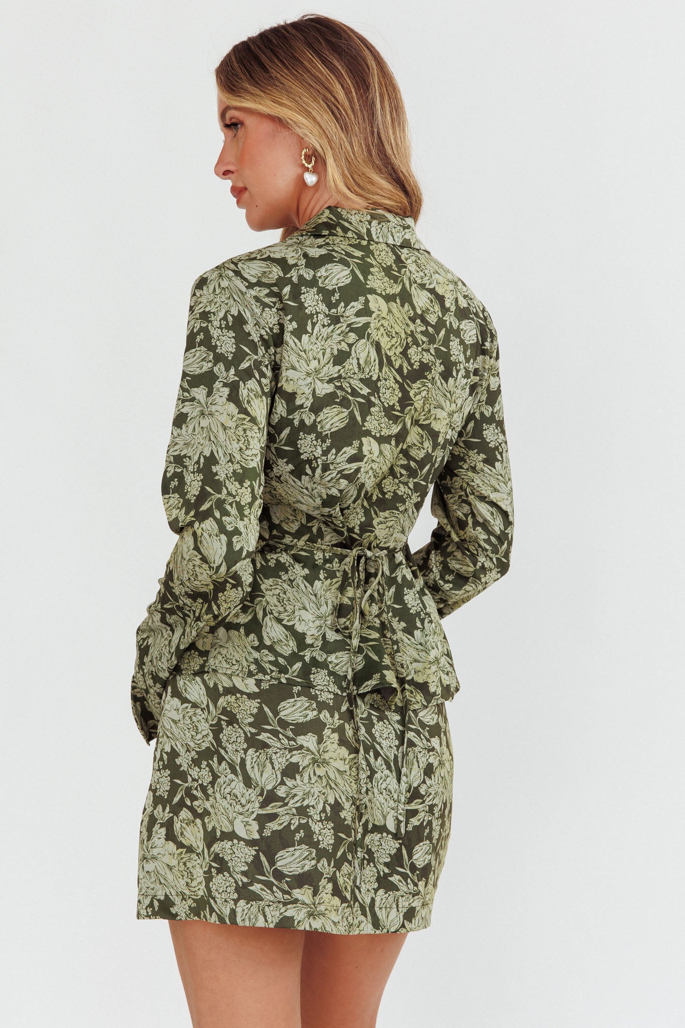 Caledonia Collared Button-Up Satin Shirt Floral Olive-Fable Dress