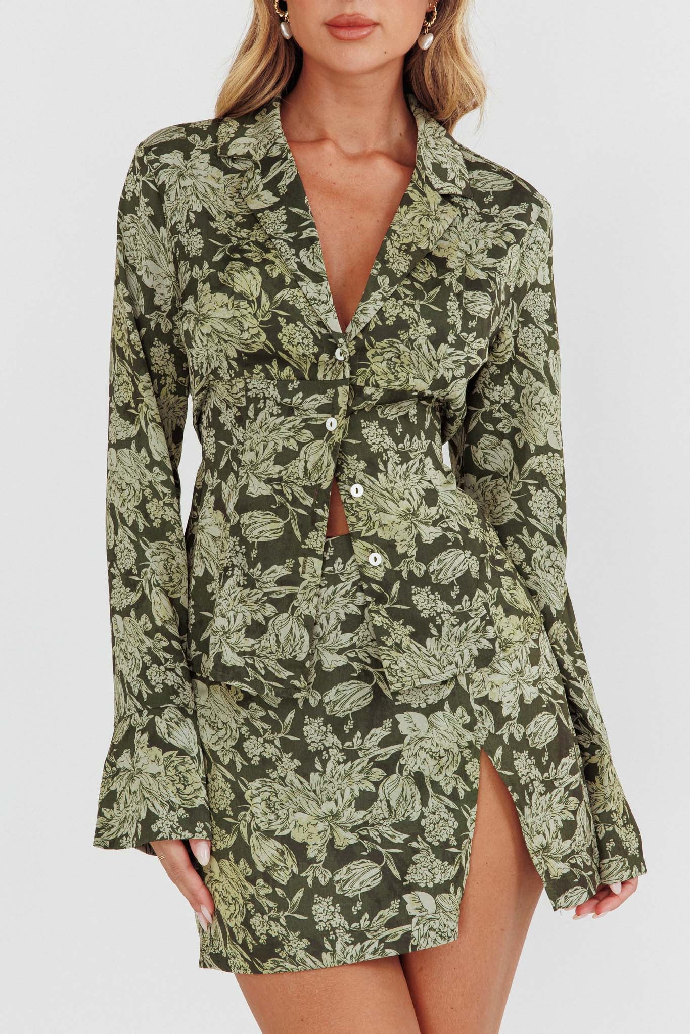 Caledonia Collared Button-Up Satin Shirt Floral Olive-Fable Dress