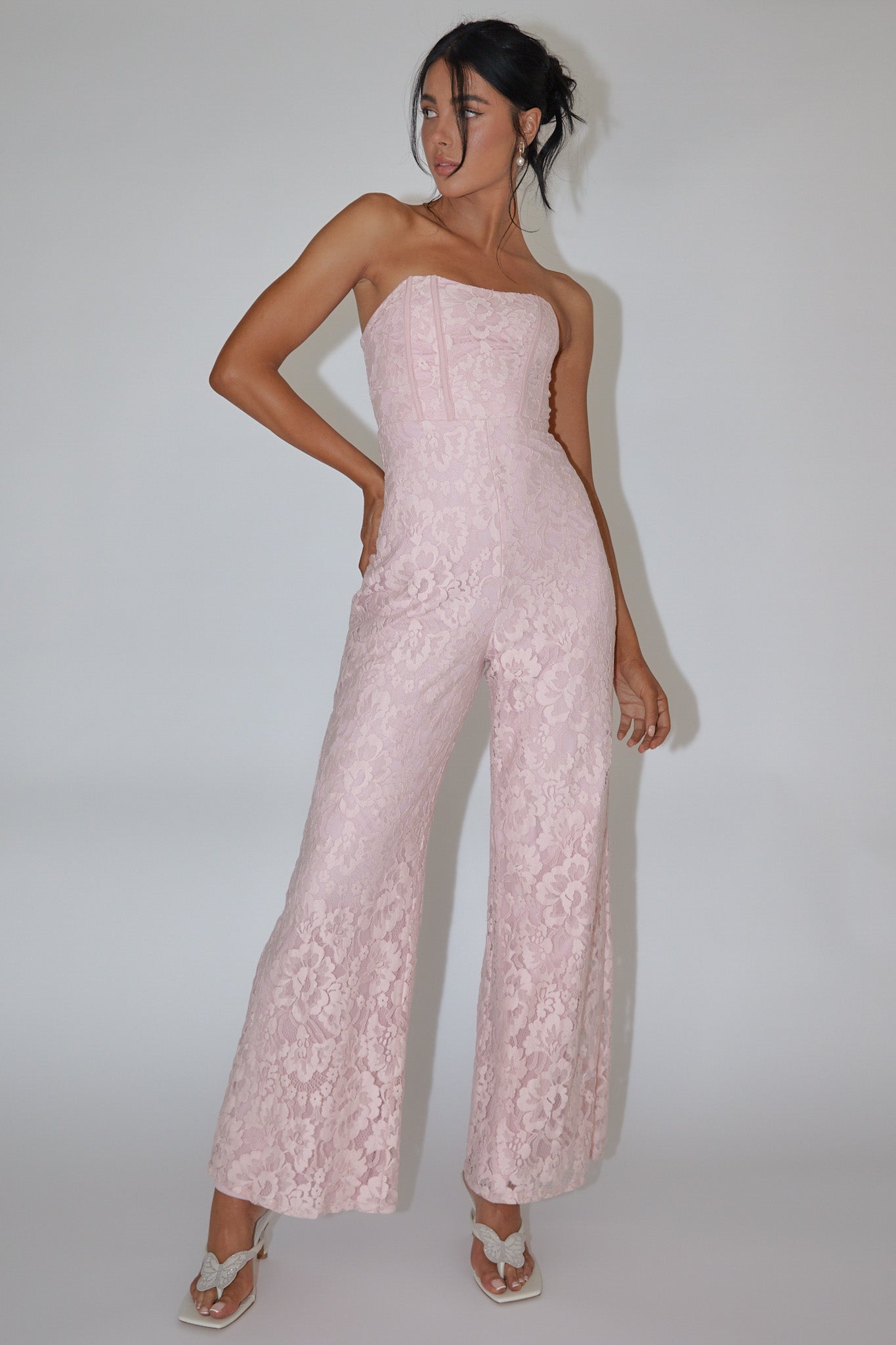 Ankita Strapless Lace Jumpsuit Pink Blush-Fable Dress