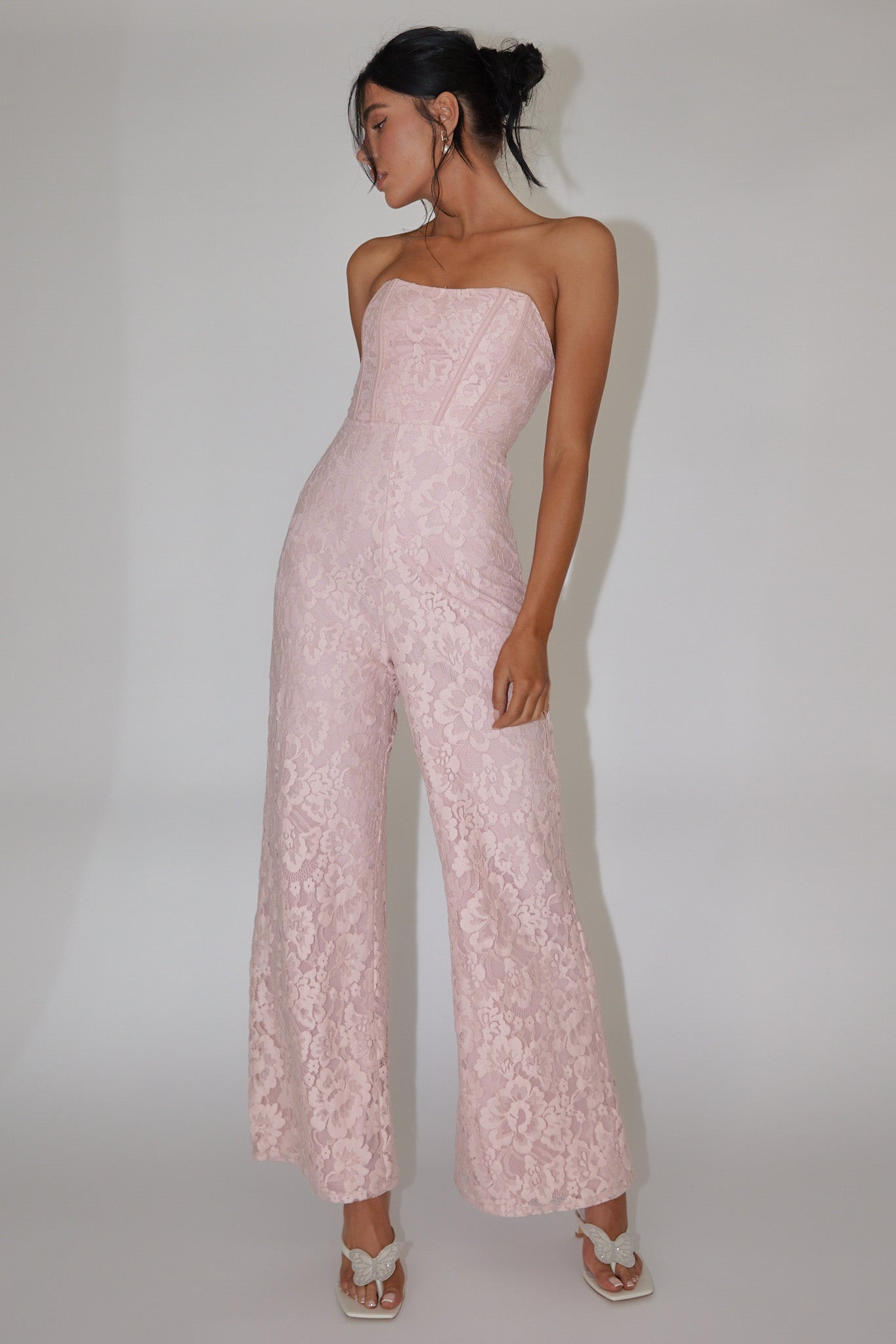 Ankita Strapless Lace Jumpsuit Pink Blush-Fable Dress