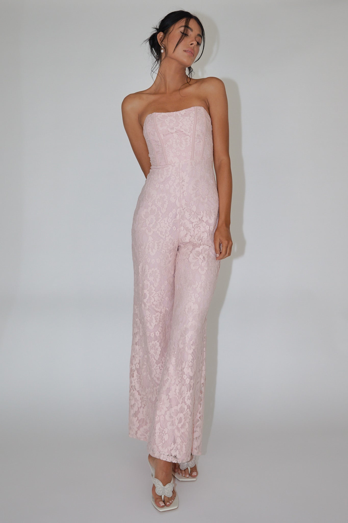 Ankita Strapless Lace Jumpsuit Pink Blush-Fable Dress