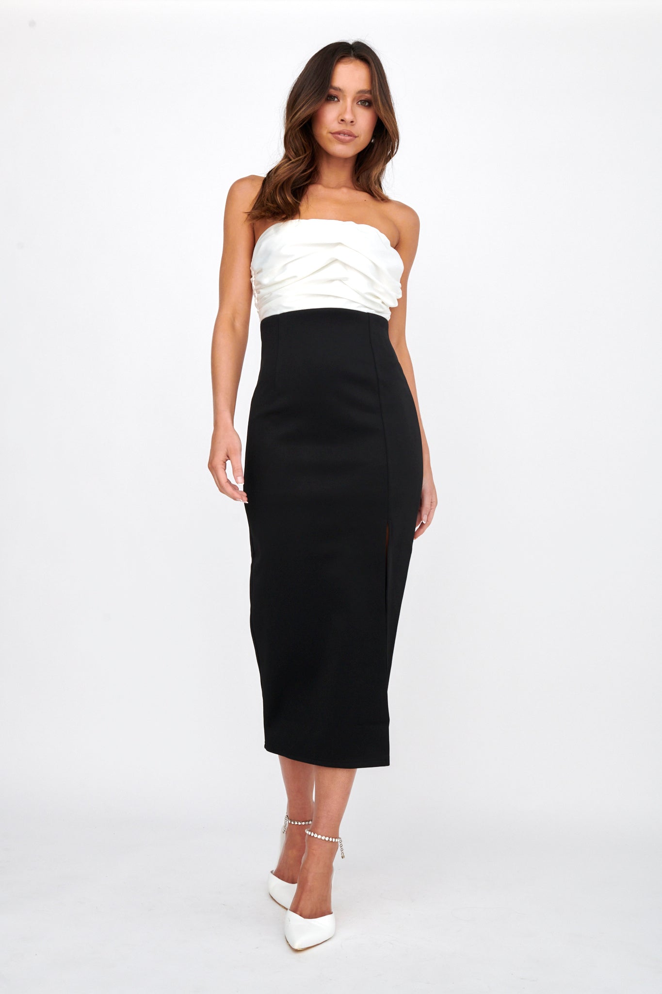 Brandi Strapless Split Midi Dress White/Black-Fable Dress