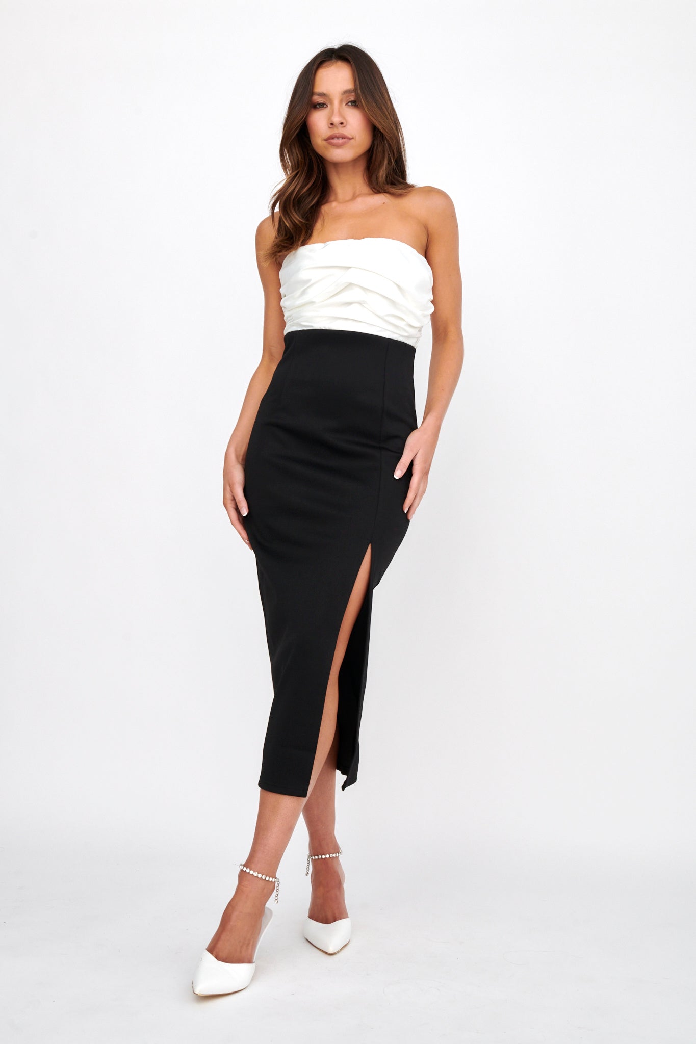 Brandi Strapless Split Midi Dress White/Black-Fable Dress