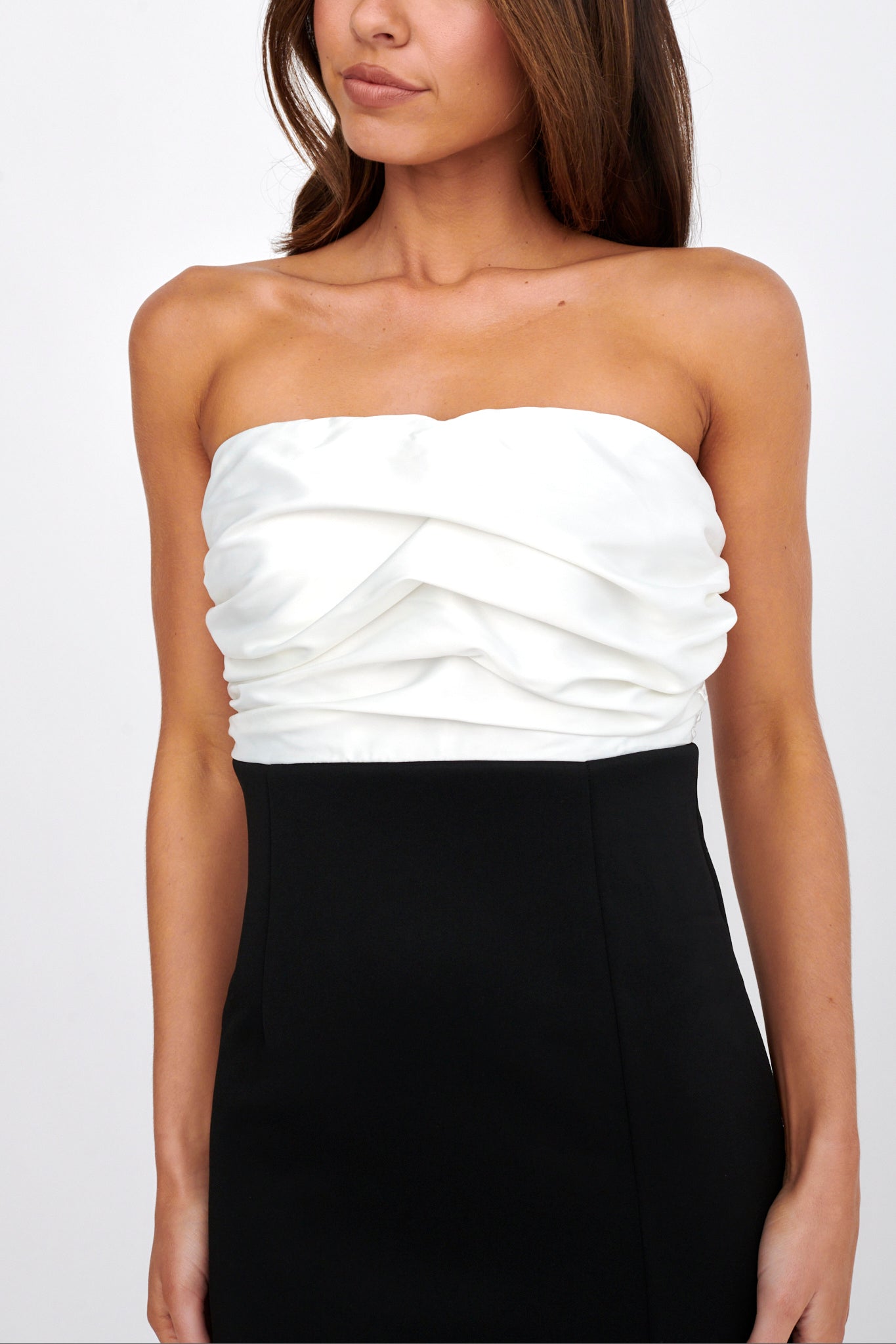 Brandi Strapless Split Midi Dress White/Black-Fable Dress