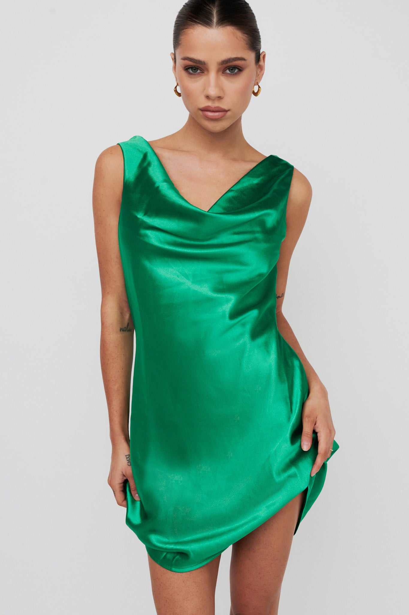 Casablanca Night Cowl Mini Dress Green-Fable Dress