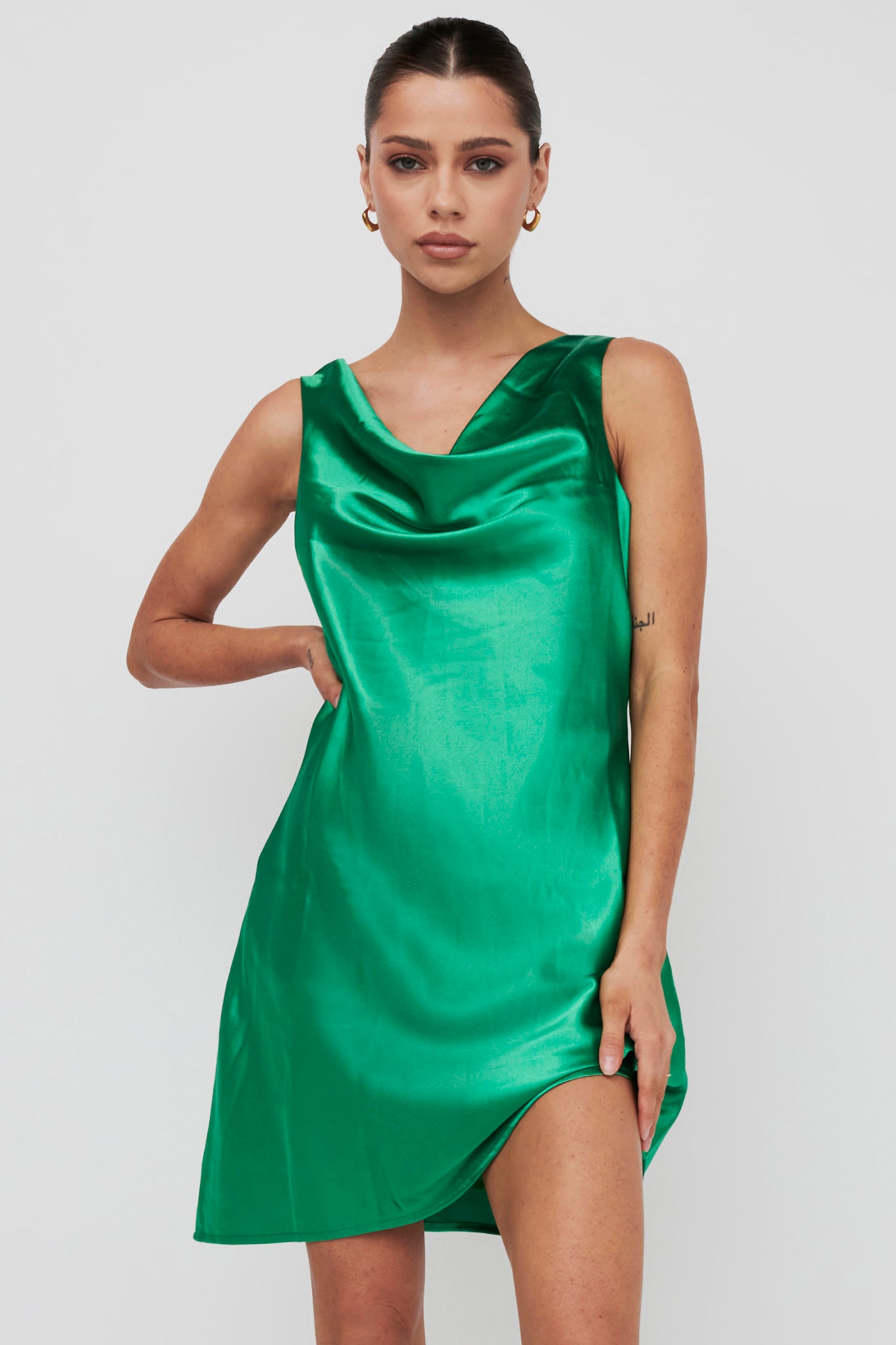 Casablanca Night Cowl Mini Dress Green-Fable Dress