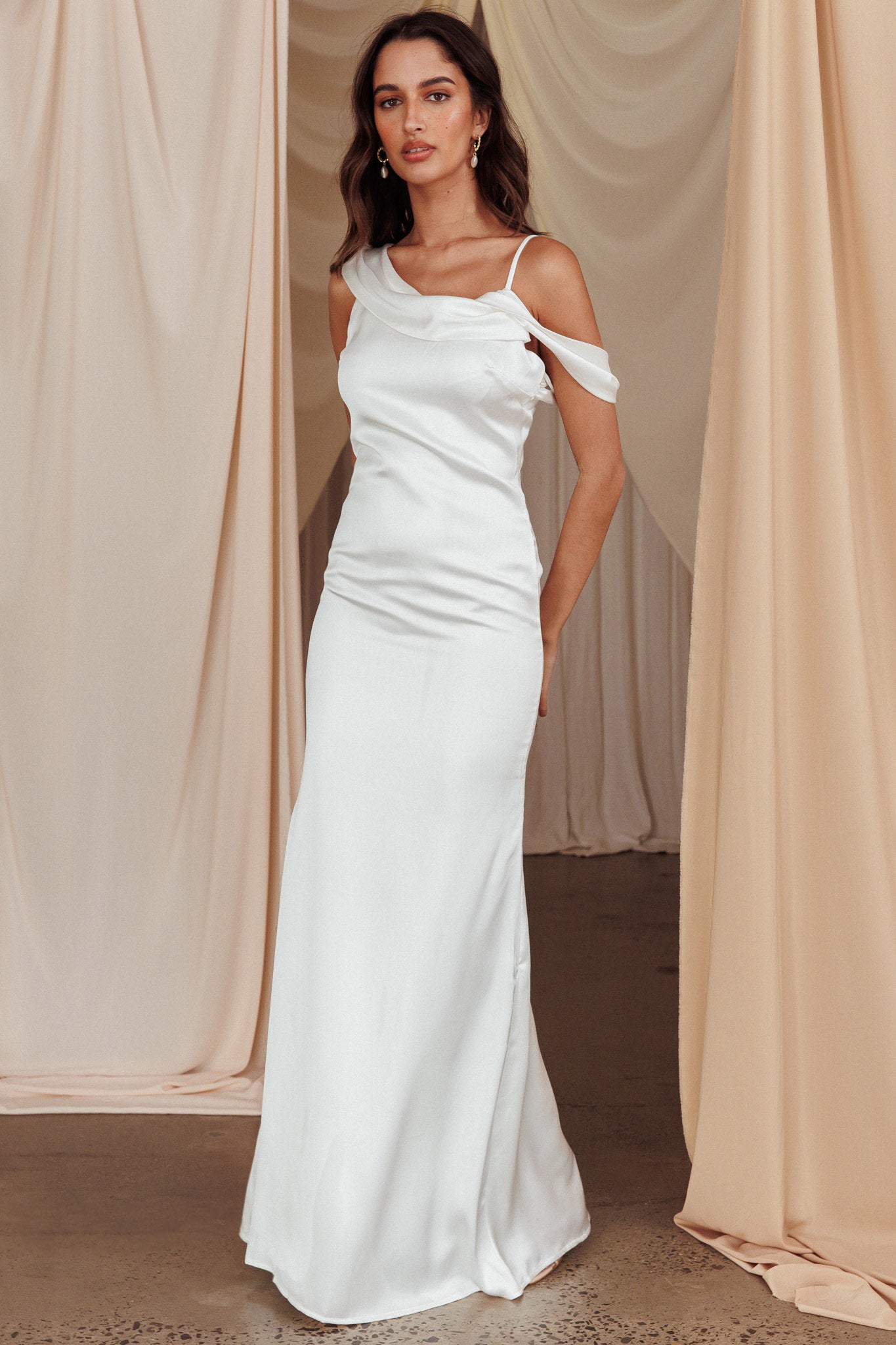 Dawna Draped Sleeve Maxi Dress White-Fable Dress