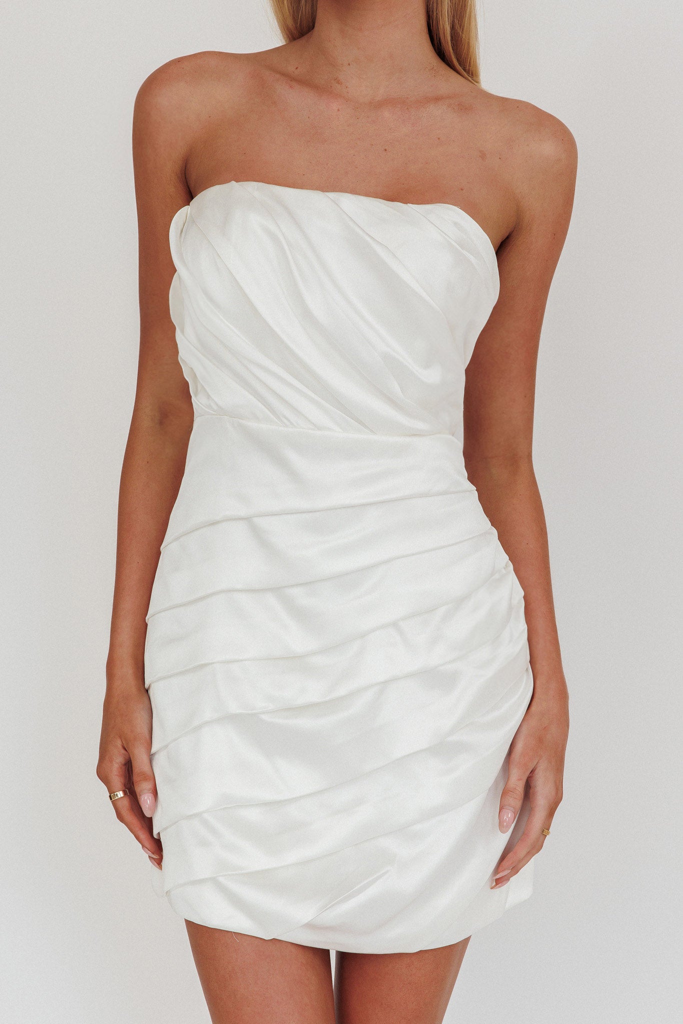 Boulevard Bliss Gathered Mini Dress Off White-Fable Dress