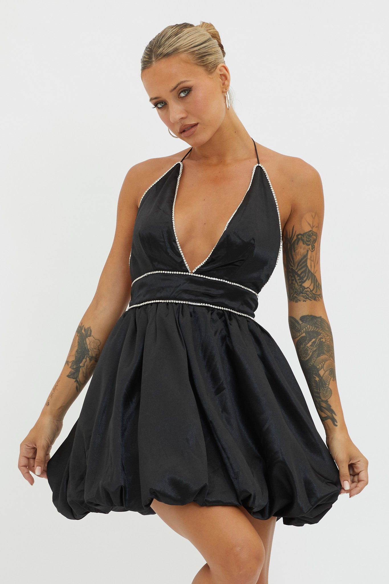 I Can Explain Diamante Bubble Hem Dress Black-Fable Dress