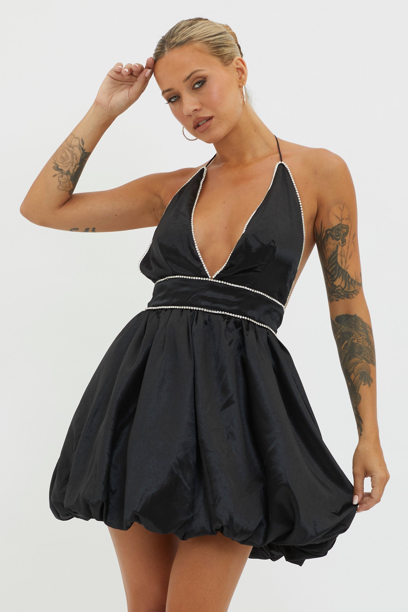 I Can Explain Diamante Bubble Hem Dress Black-Fable Dress