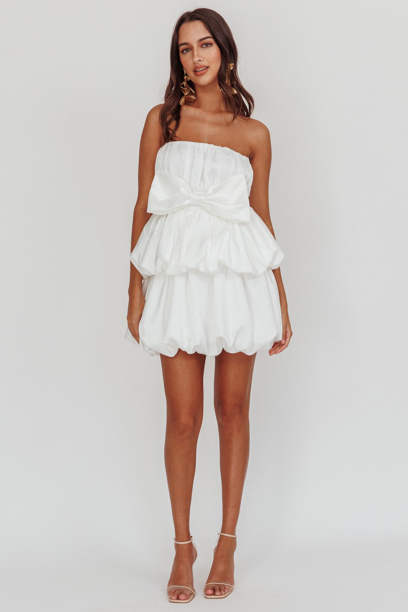 Carmelita Tiered Bubble Bow Mini Dress Off White-Fable Dress