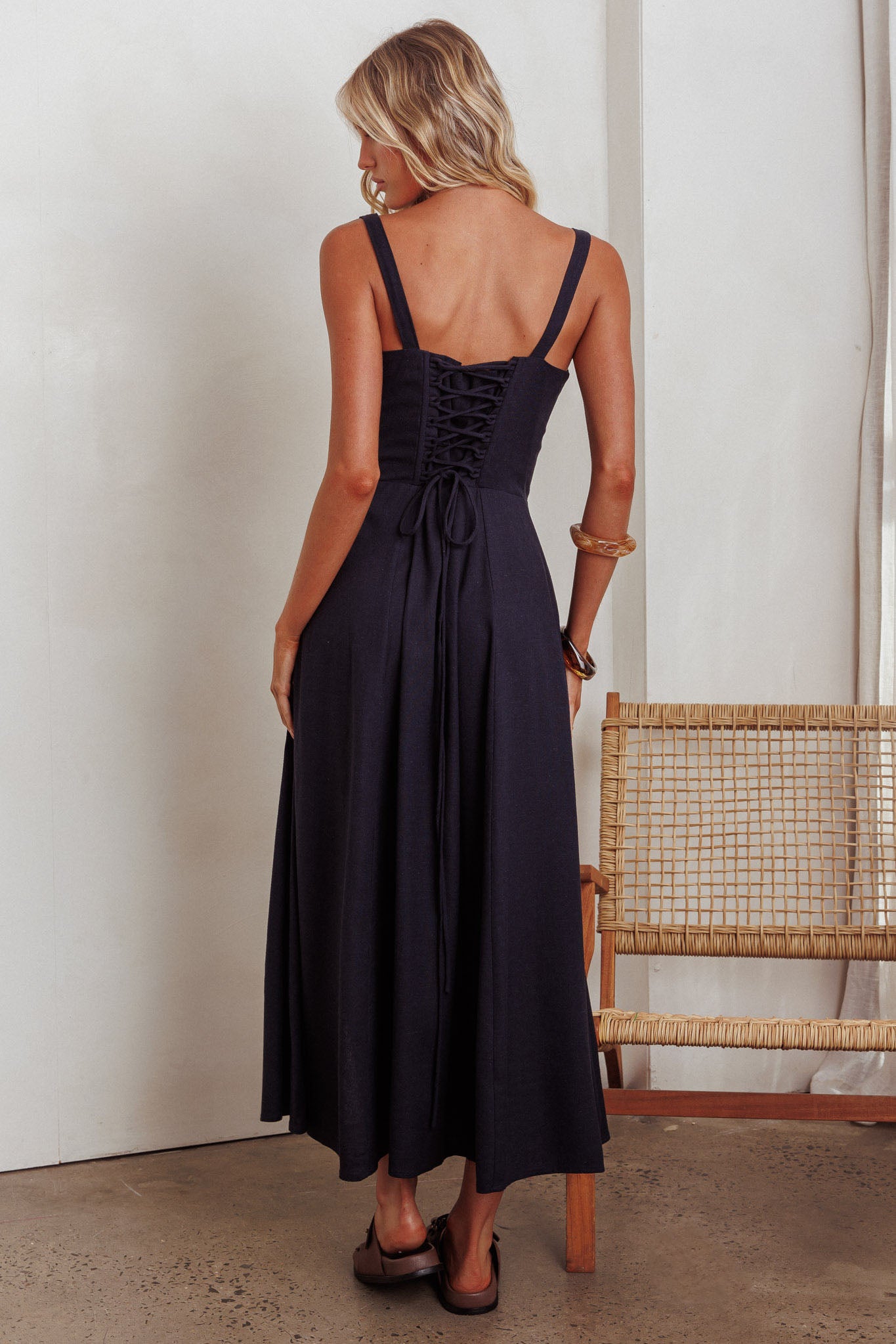Zaira Tied Bust Lace-Up Maxi Dress Navy-Fable Dress