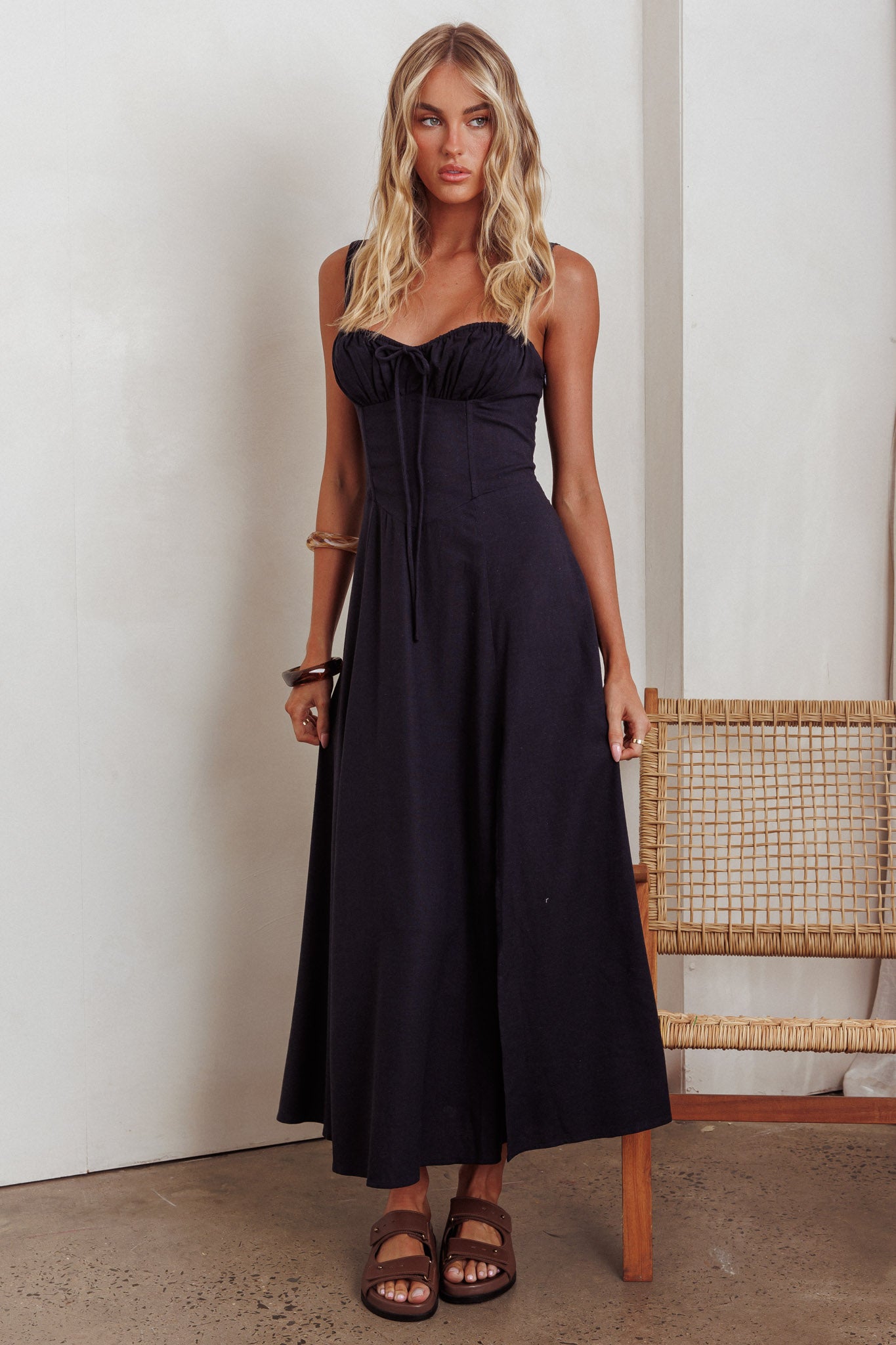 Zaira Tied Bust Lace-Up Maxi Dress Navy-Fable Dress