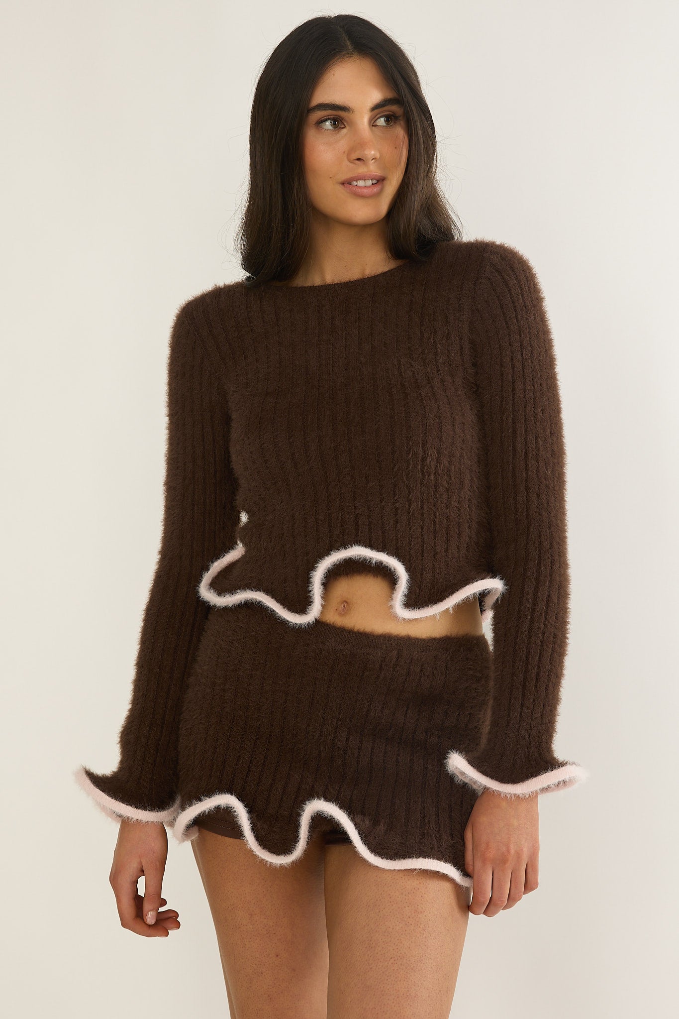 Pailin Lettuce Edge Knit Top Brown-Fable Dress