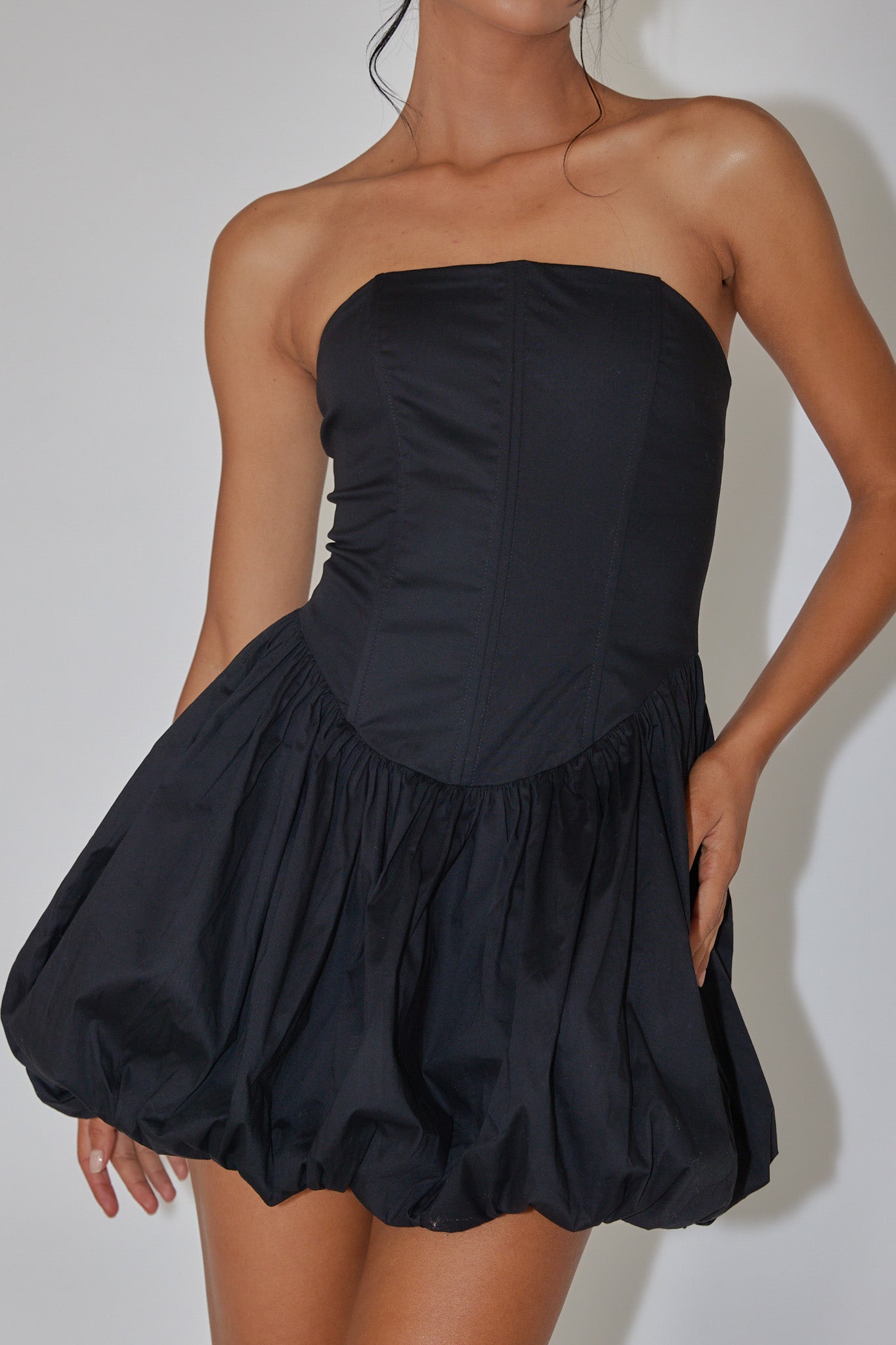 Monti Strapless Bubble Hem Mini Dress Black-Fable Dress
