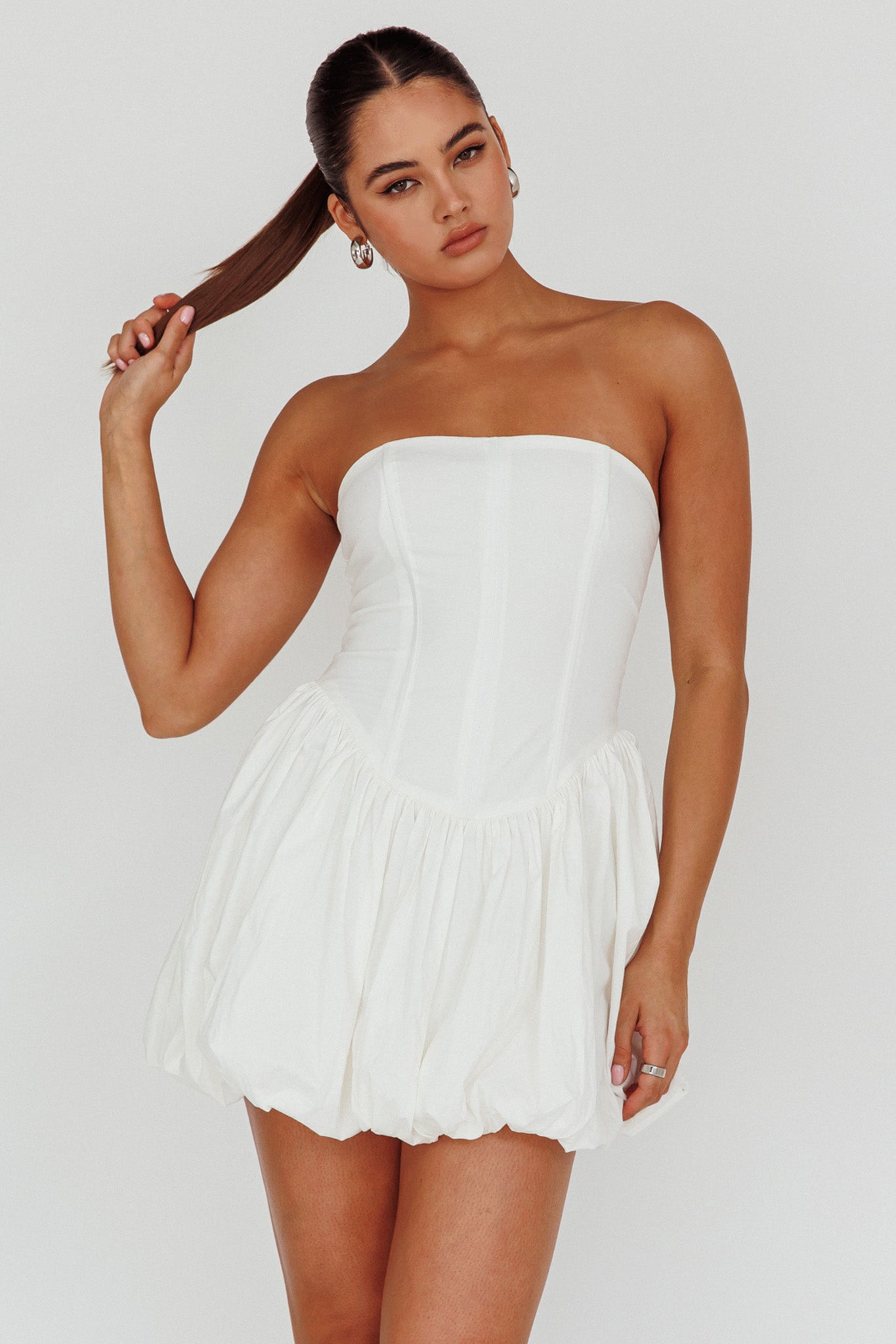 Monti Strapless Bubble Hem Mini Dress White-Fable Dress