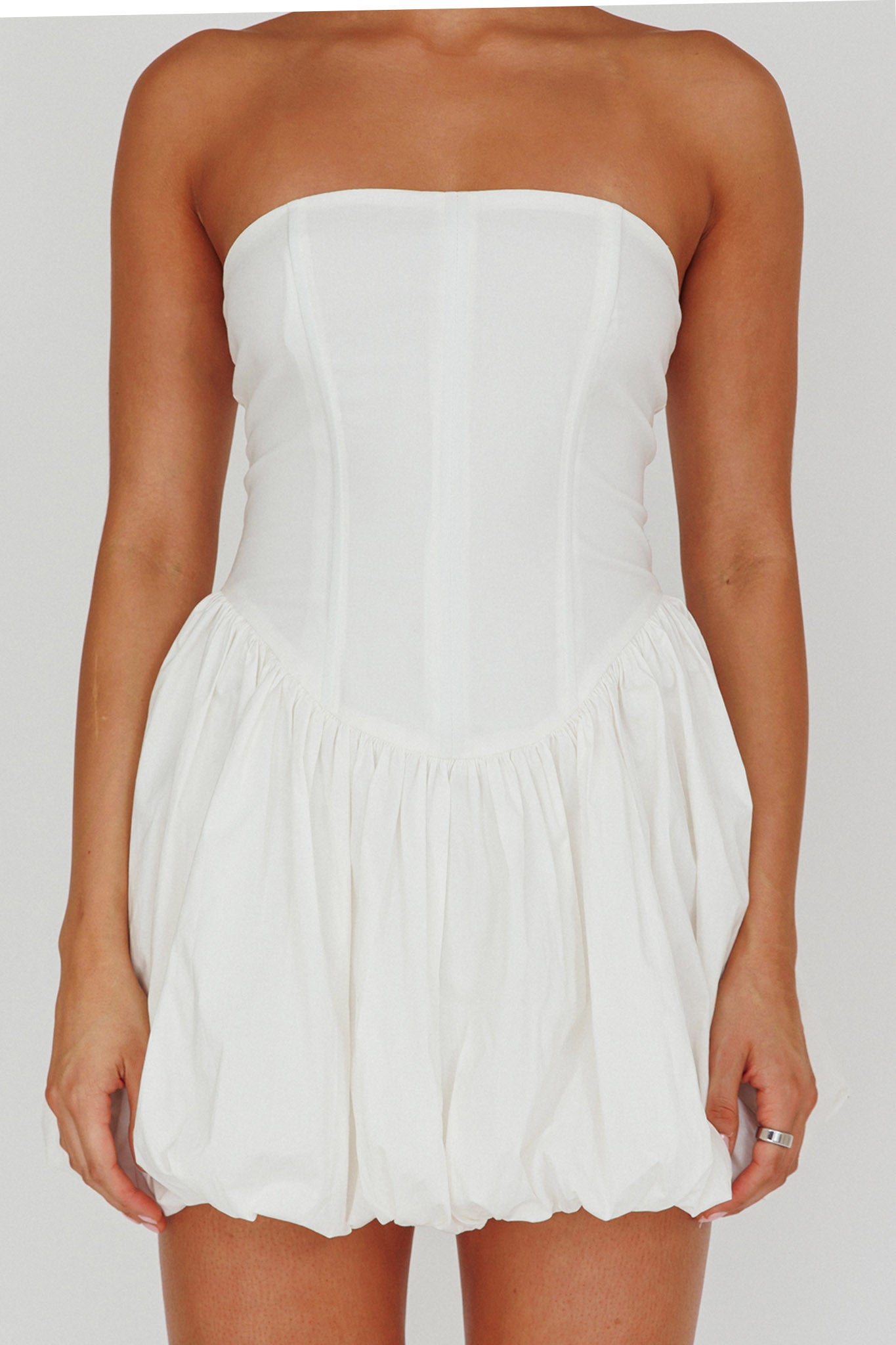 Monti Strapless Bubble Hem Mini Dress White-Fable Dress