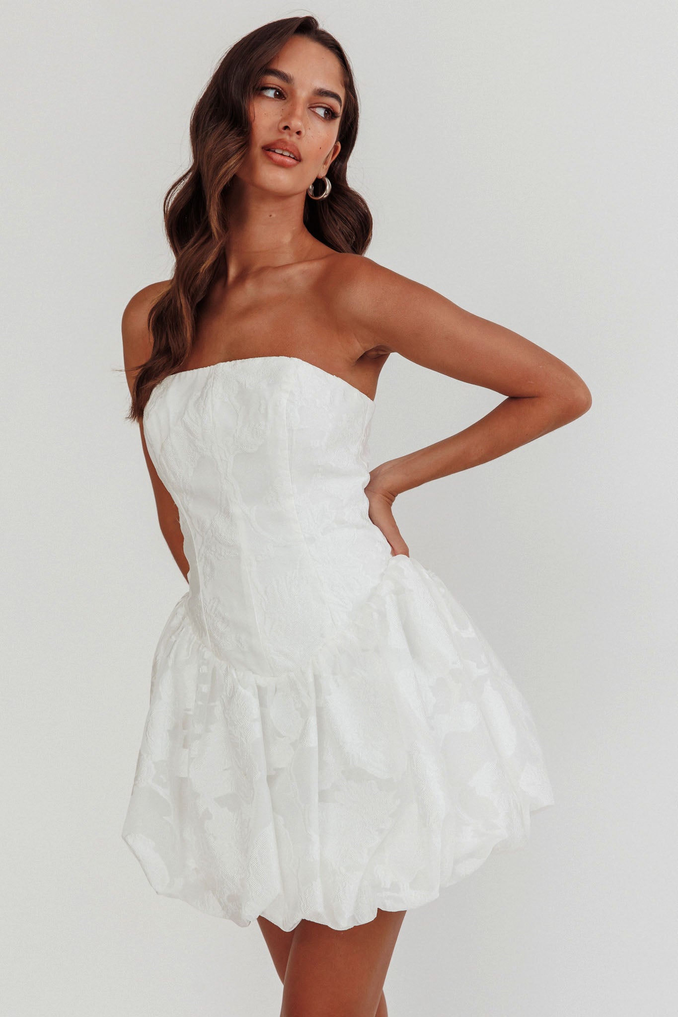 Monti Strapless Bubble Hem Mini Dress Embroidered White-Fable Dress