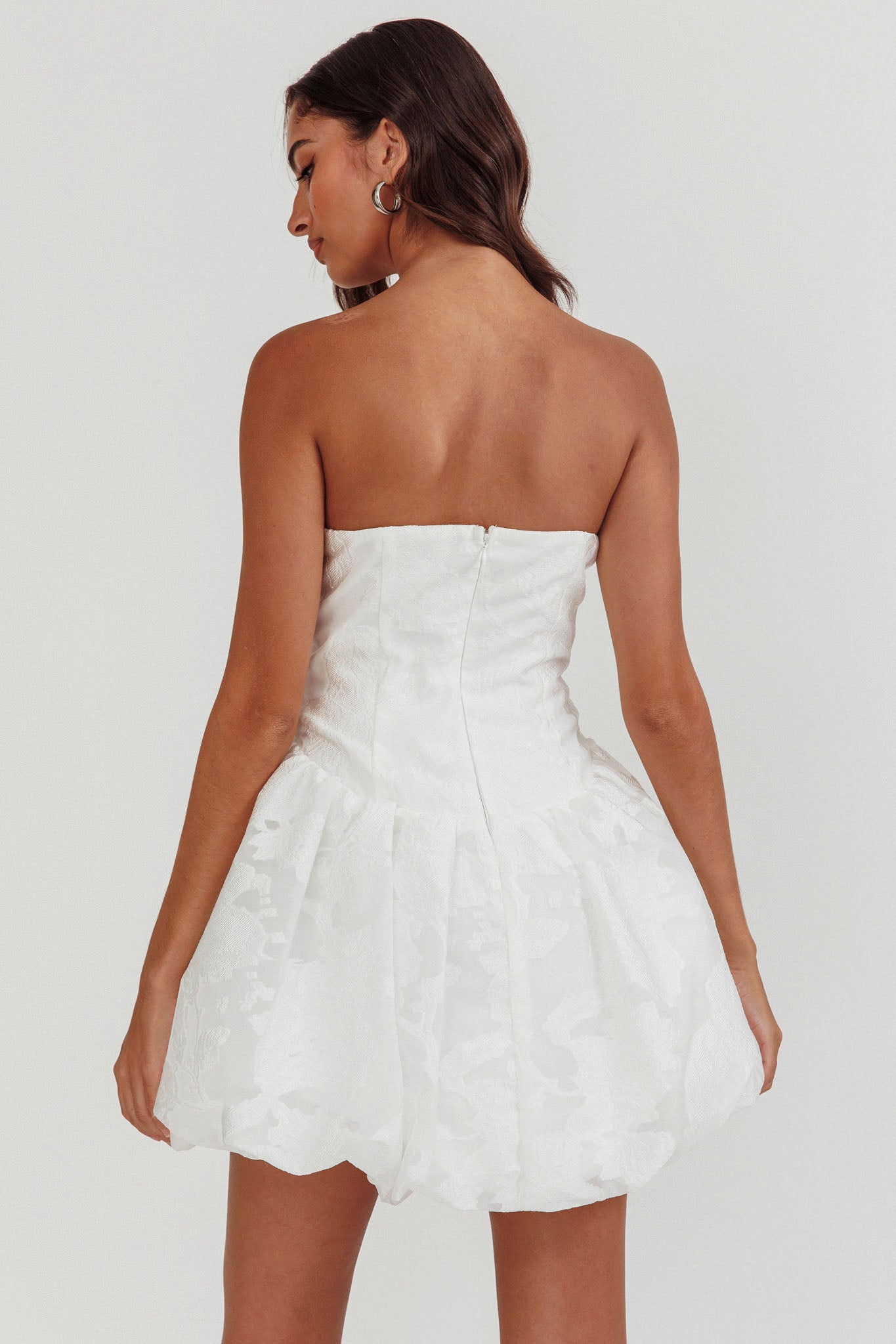 Monti Strapless Bubble Hem Mini Dress Embroidered White-Fable Dress