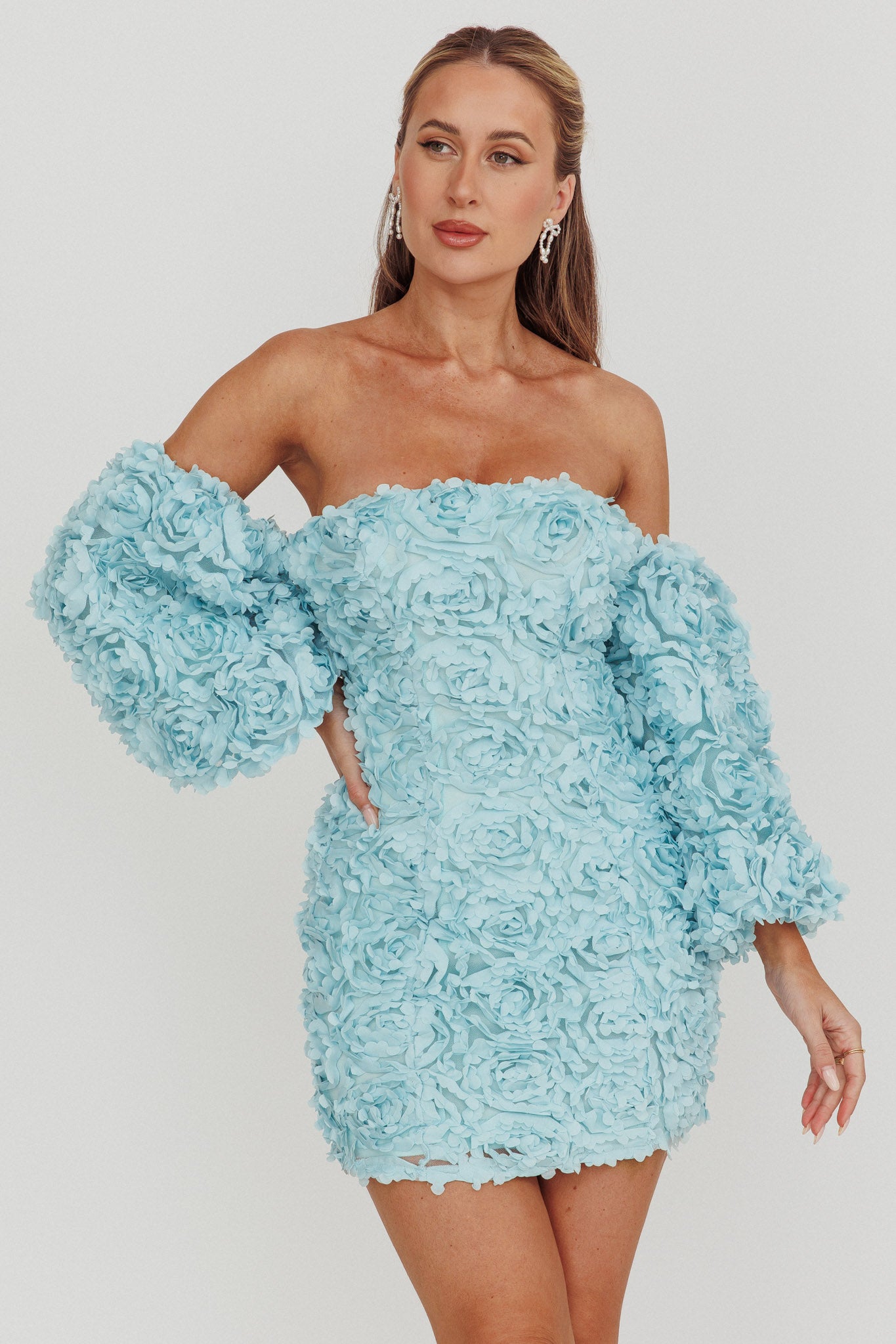 Vive La Rose Off-Shoulder Floral Mini Dress Baby Blue-Fable Dress