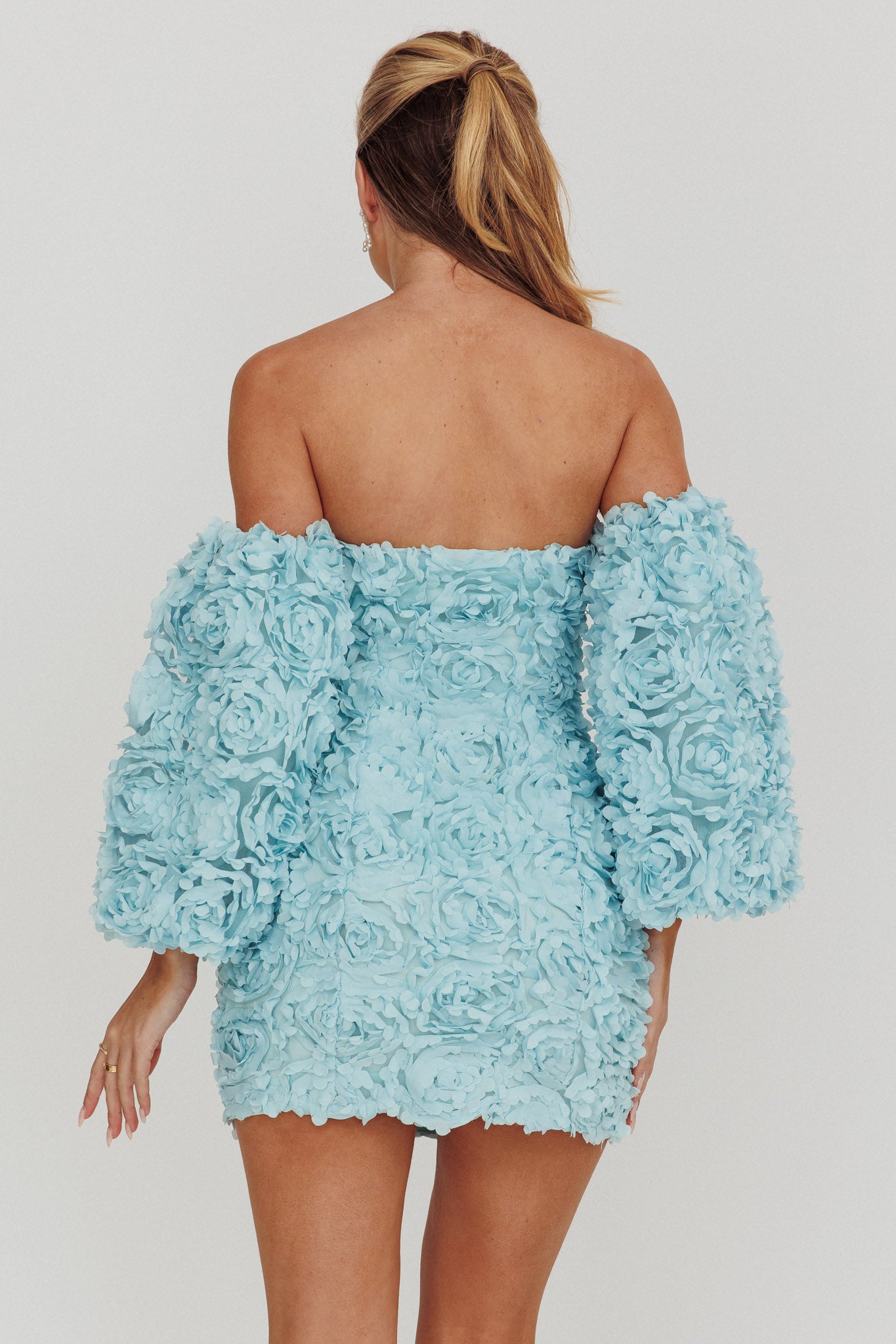 Vive La Rose Off-Shoulder Floral Mini Dress Baby Blue-Fable Dress