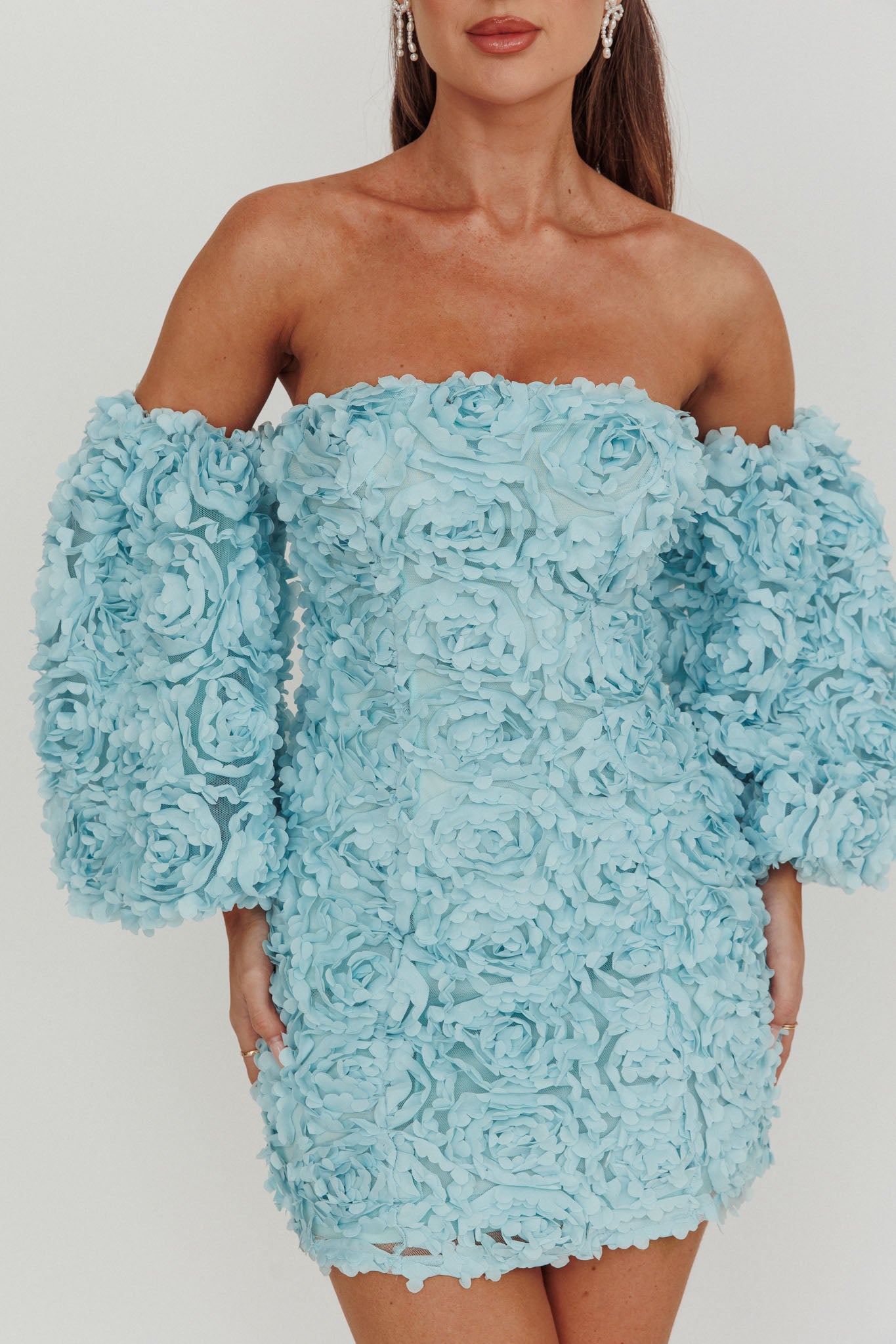 Vive La Rose Off-Shoulder Floral Mini Dress Baby Blue-Fable Dress