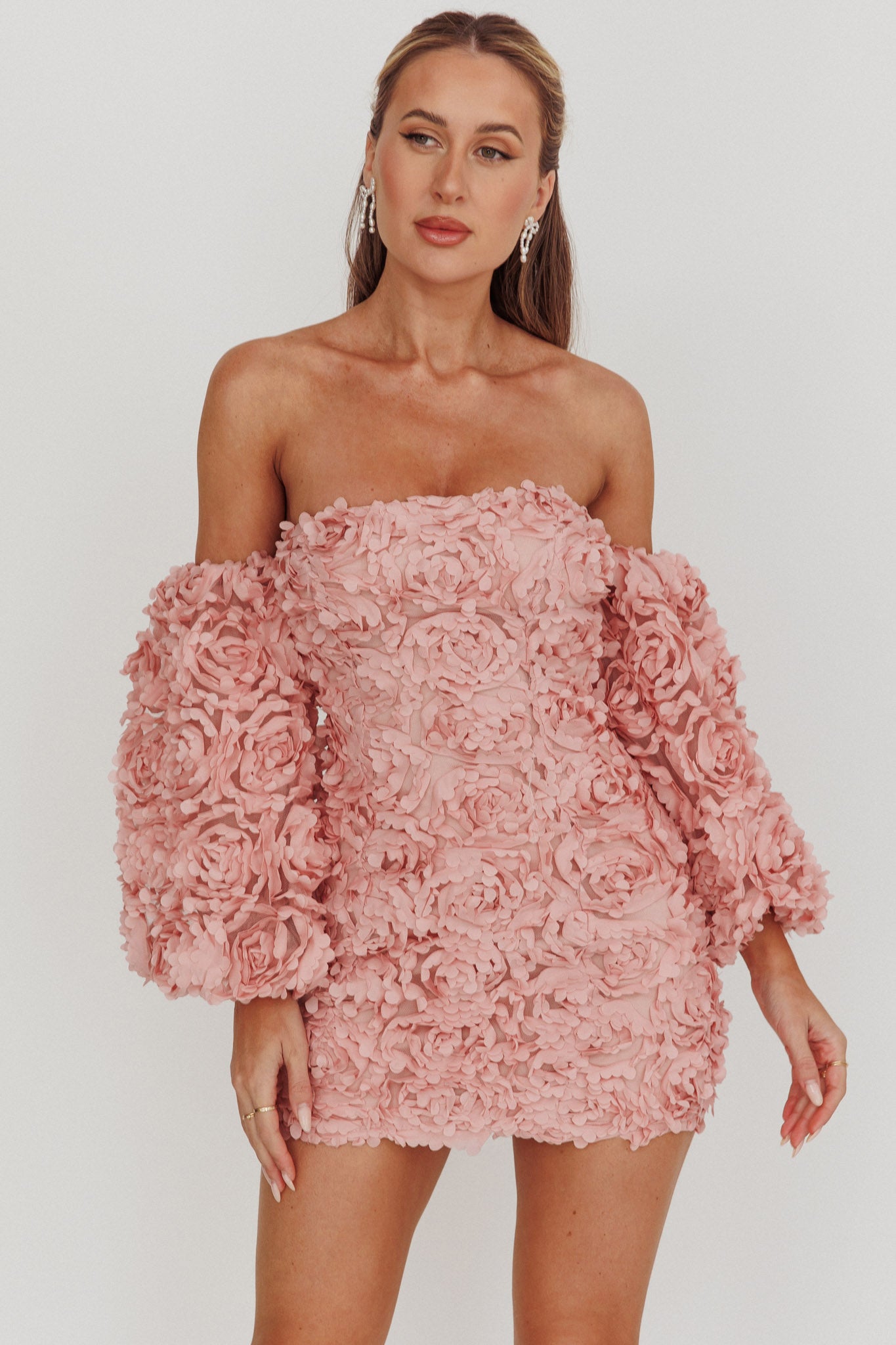 Vive La Rose Off-Shoulder Floral Mini Dress Blush-Fable Dress