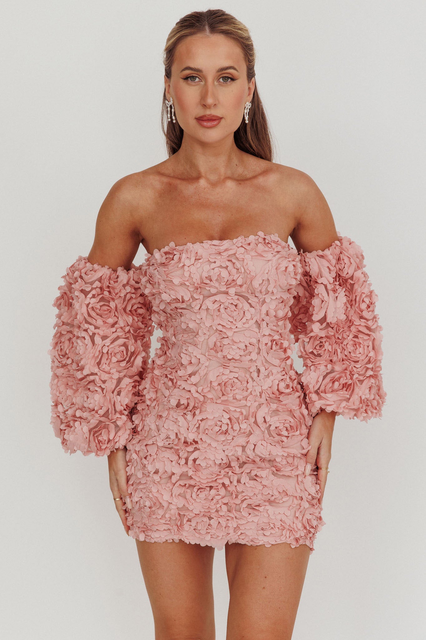 Vive La Rose Off-Shoulder Floral Mini Dress Blush-Fable Dress
