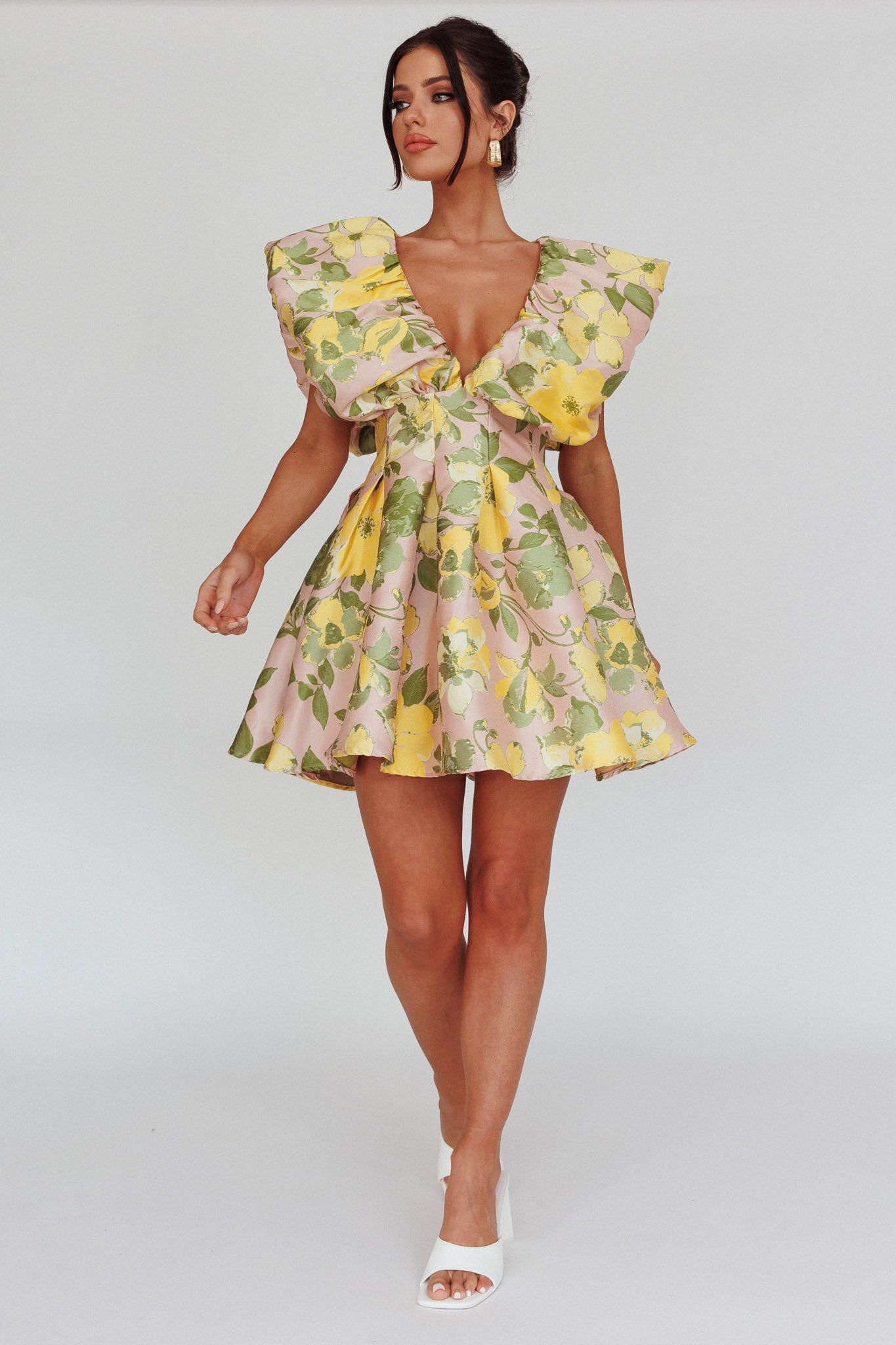 Bennet Puffed Neckline Mini Dress Floral Pink/Yellow-Fable Dress