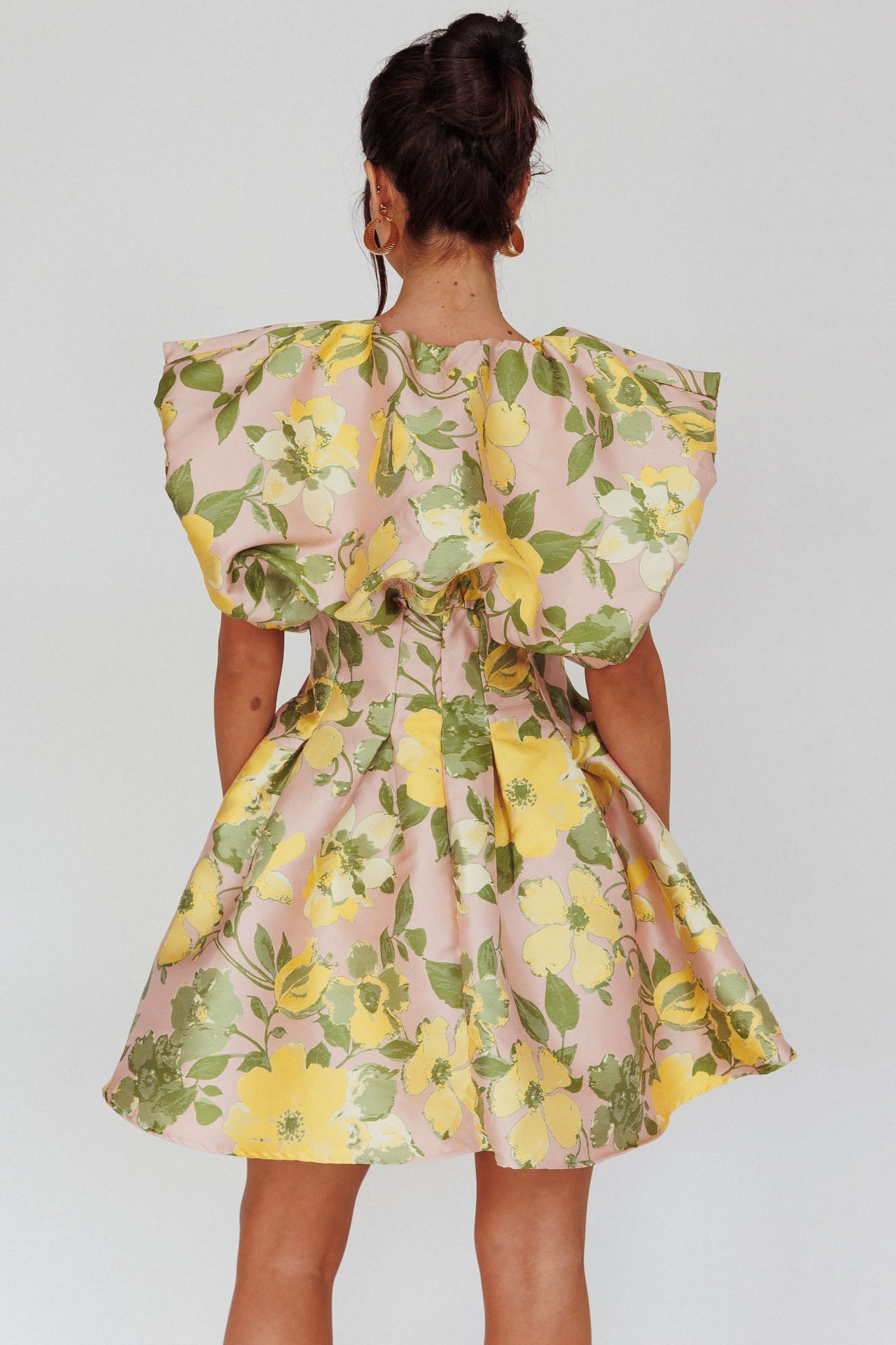 Bennet Puffed Neckline Mini Dress Floral Pink/Yellow-Fable Dress