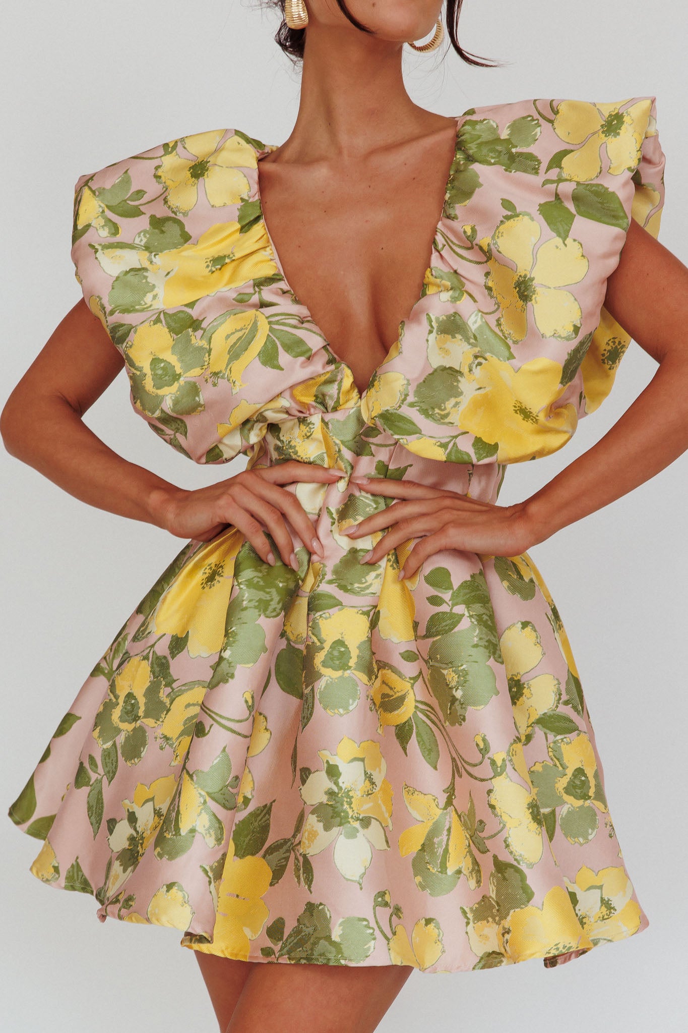 Bennet Puffed Neckline Mini Dress Floral Pink/Yellow-Fable Dress