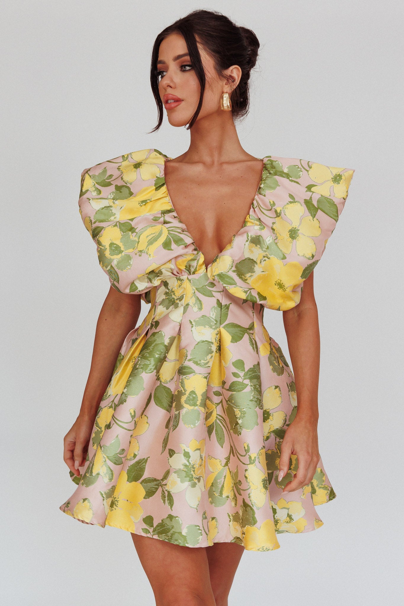 Bennet Puffed Neckline Mini Dress Floral Pink/Yellow-Fable Dress
