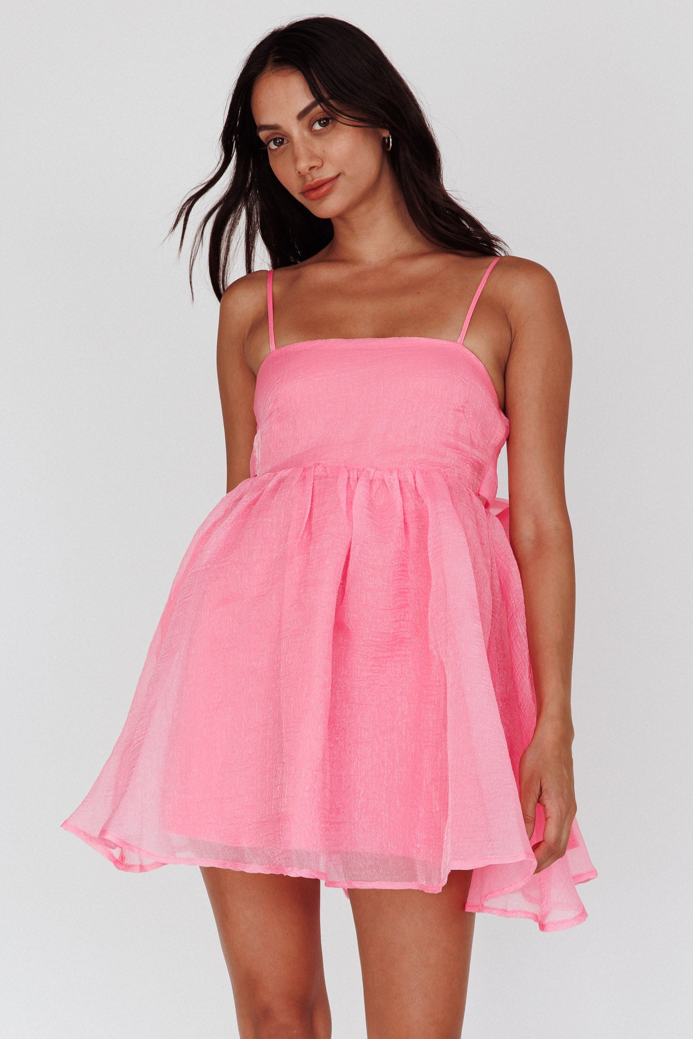 Diaz Bow Back Babydoll Mini Dress Pop Pink-Fable Dress