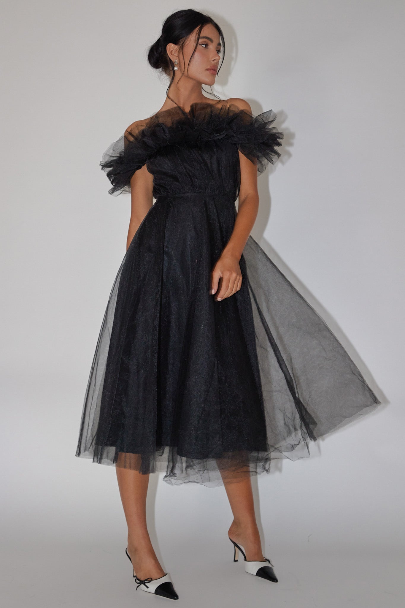 May Rose Off-Shoulder Tulle Midi Dress Black-Fable Dress