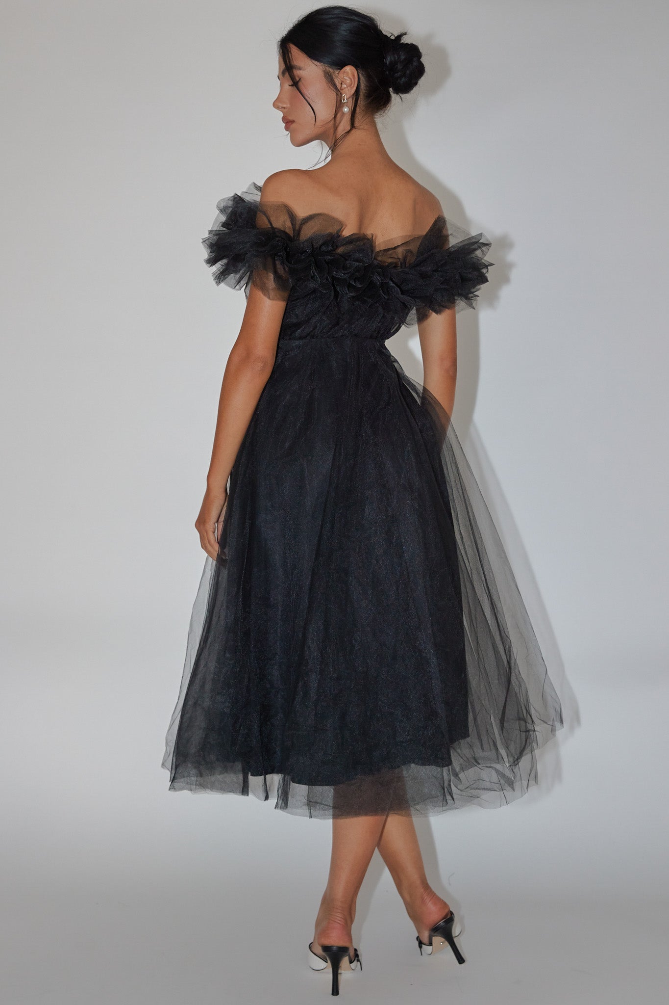 May Rose Off-Shoulder Tulle Midi Dress Black-Fable Dress