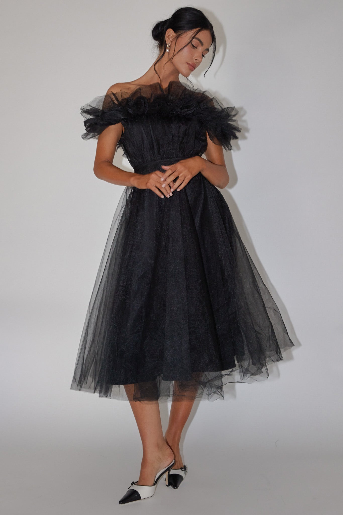 May Rose Off-Shoulder Tulle Midi Dress Black-Fable Dress