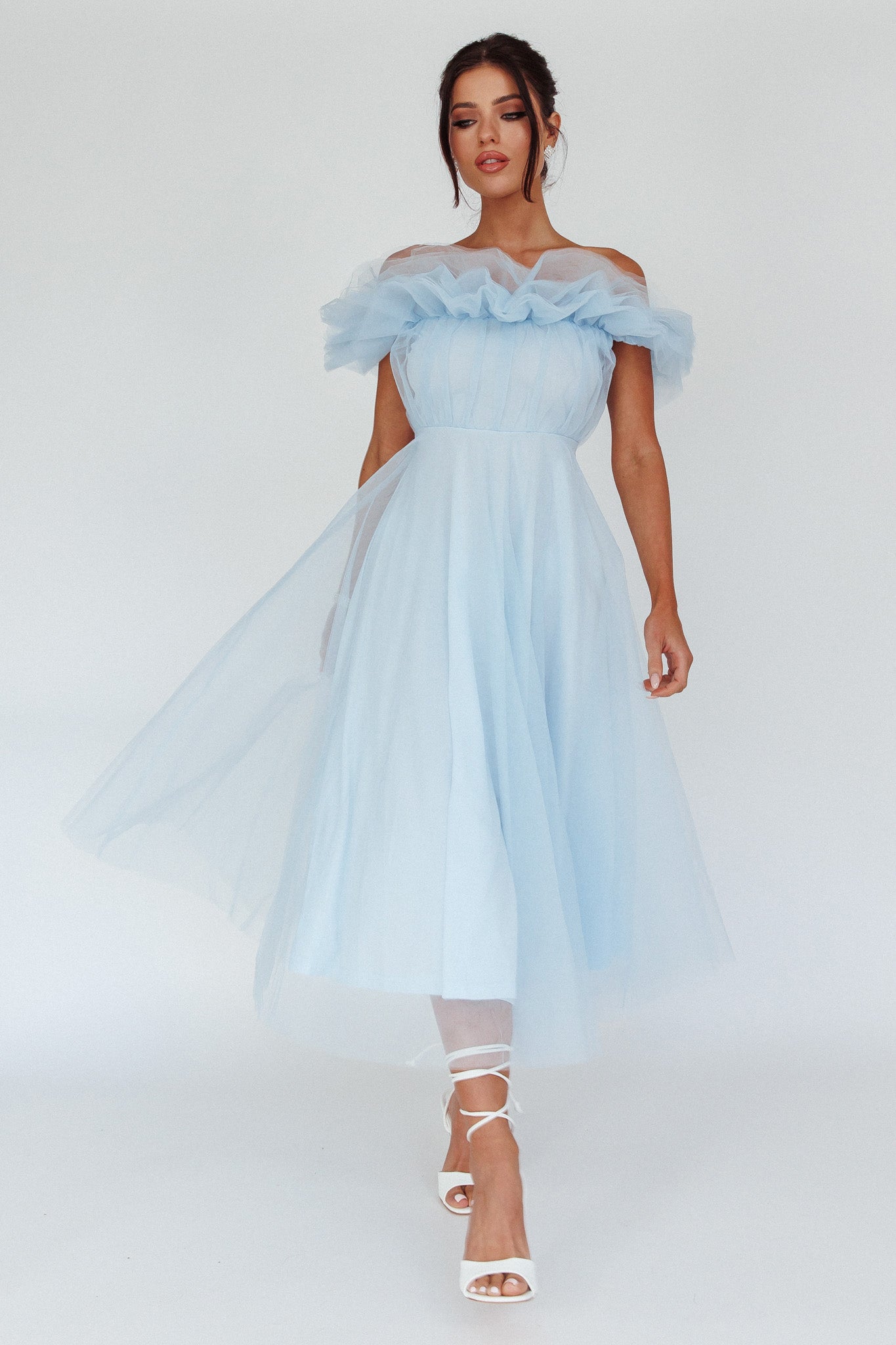 May Rose Off-Shoulder Tulle Midi Dress Light Blue-Fable Dress