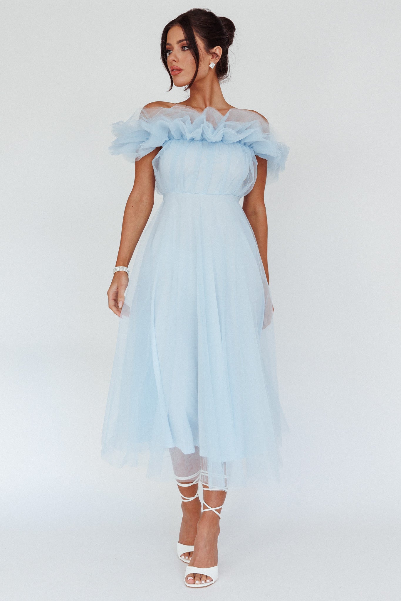 May Rose Off-Shoulder Tulle Midi Dress Light Blue-Fable Dress