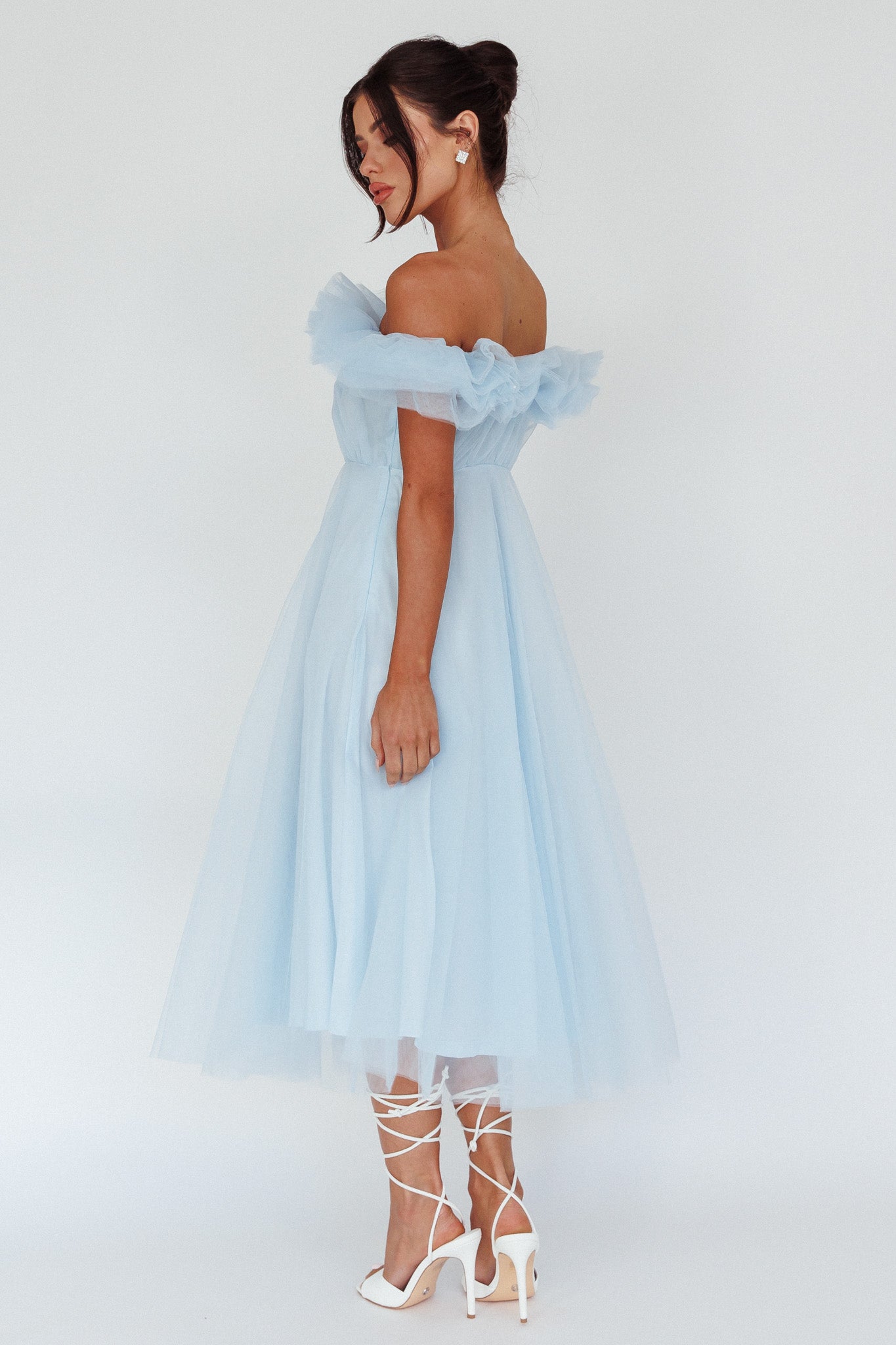 May Rose Off-Shoulder Tulle Midi Dress Light Blue-Fable Dress