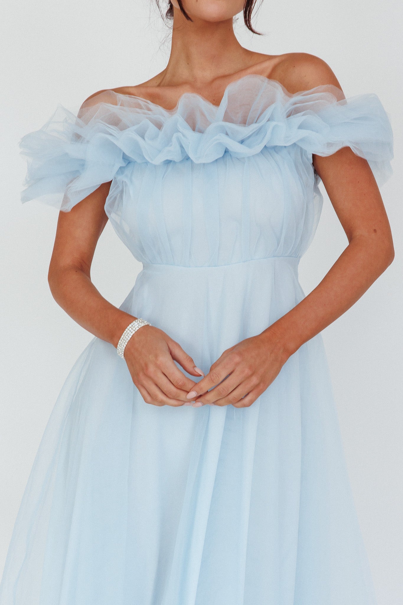 May Rose Off-Shoulder Tulle Midi Dress Light Blue-Fable Dress