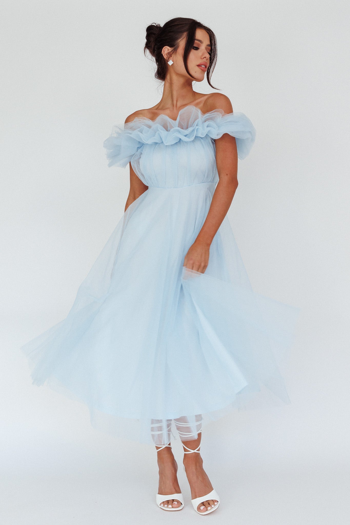 May Rose Off-Shoulder Tulle Midi Dress Light Blue-Fable Dress