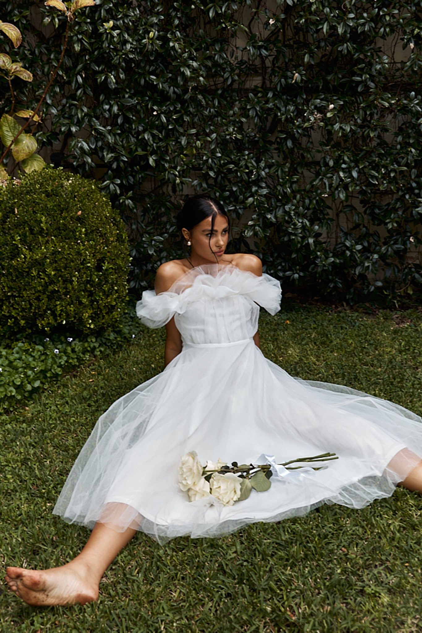 May Rose Off-Shoulder Tulle Midi Dress Off White-Fable Dress