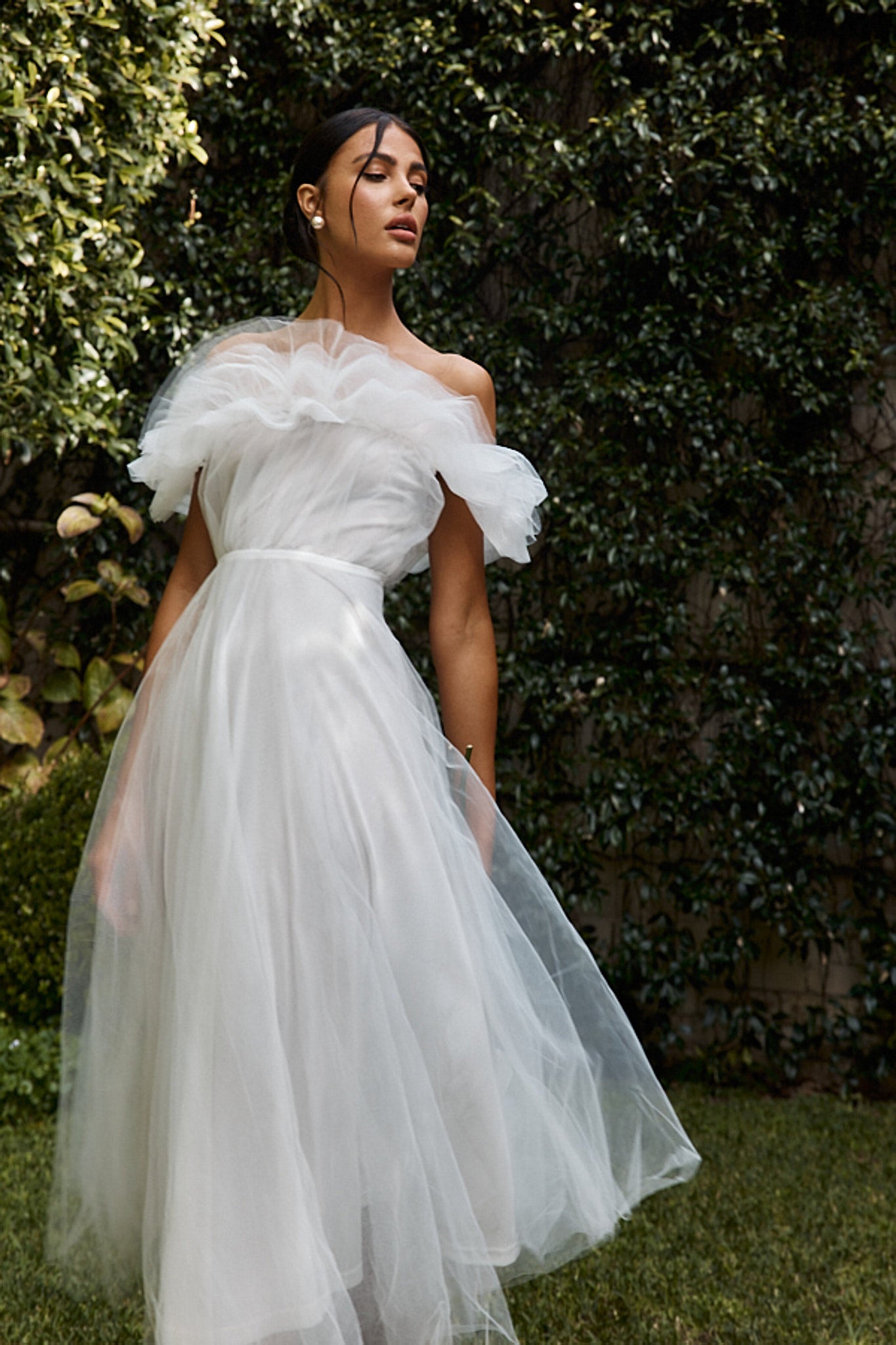 May Rose Off-Shoulder Tulle Midi Dress Off White-Fable Dress