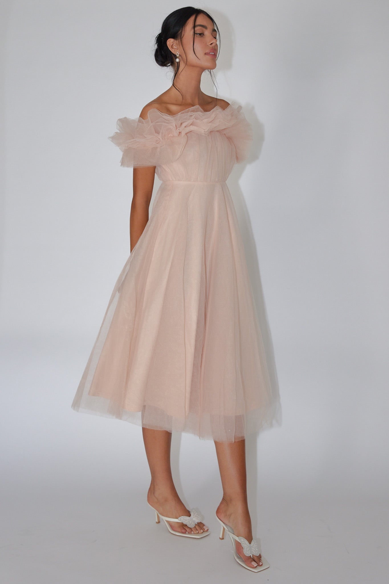 May Rose Off-Shoulder Tulle Midi Dress Taupe-Fable Dress