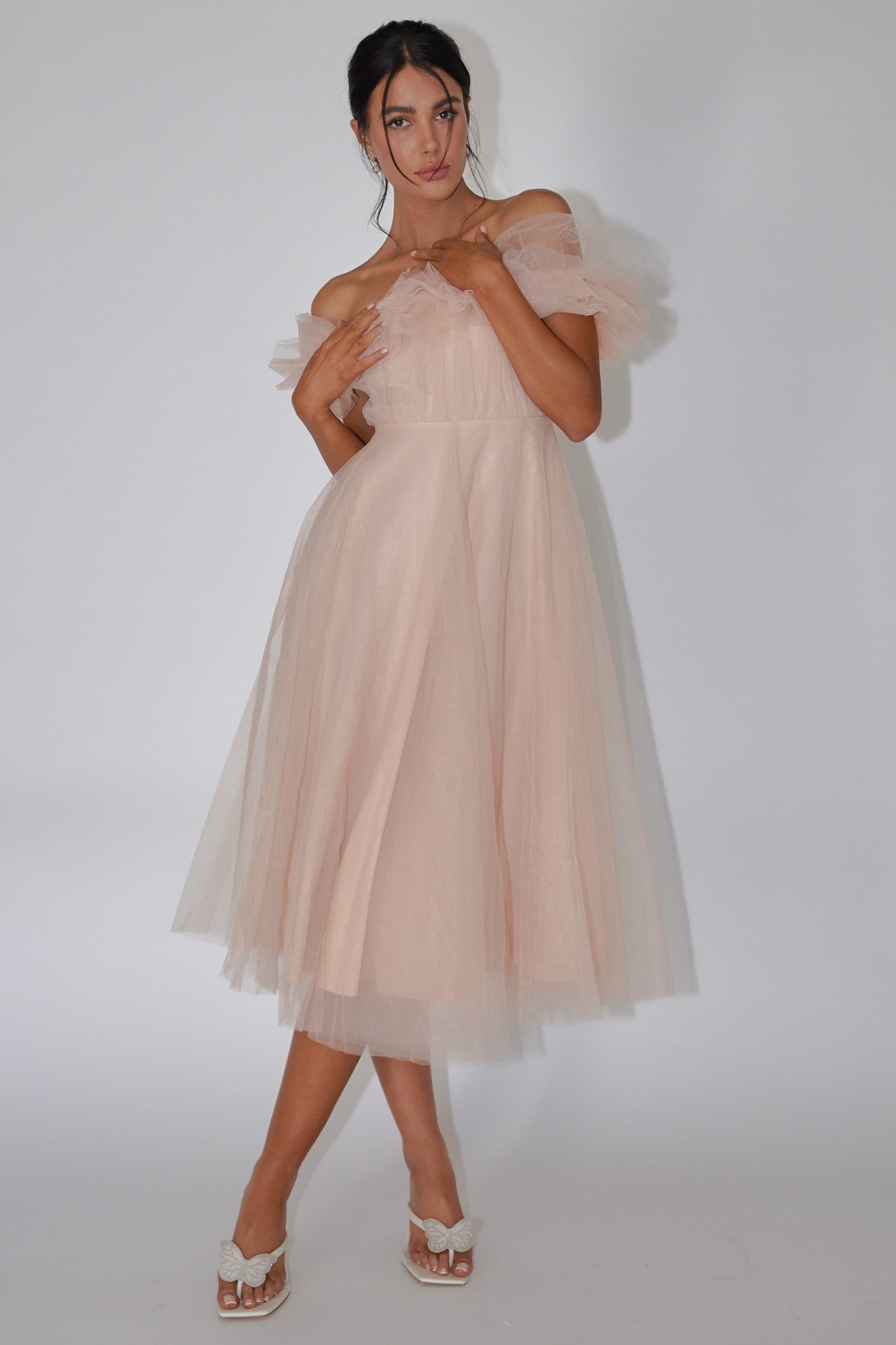 May Rose Off-Shoulder Tulle Midi Dress Taupe-Fable Dress
