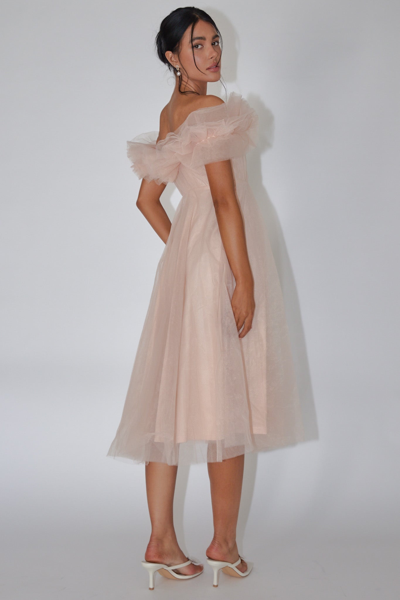 May Rose Off-Shoulder Tulle Midi Dress Taupe-Fable Dress