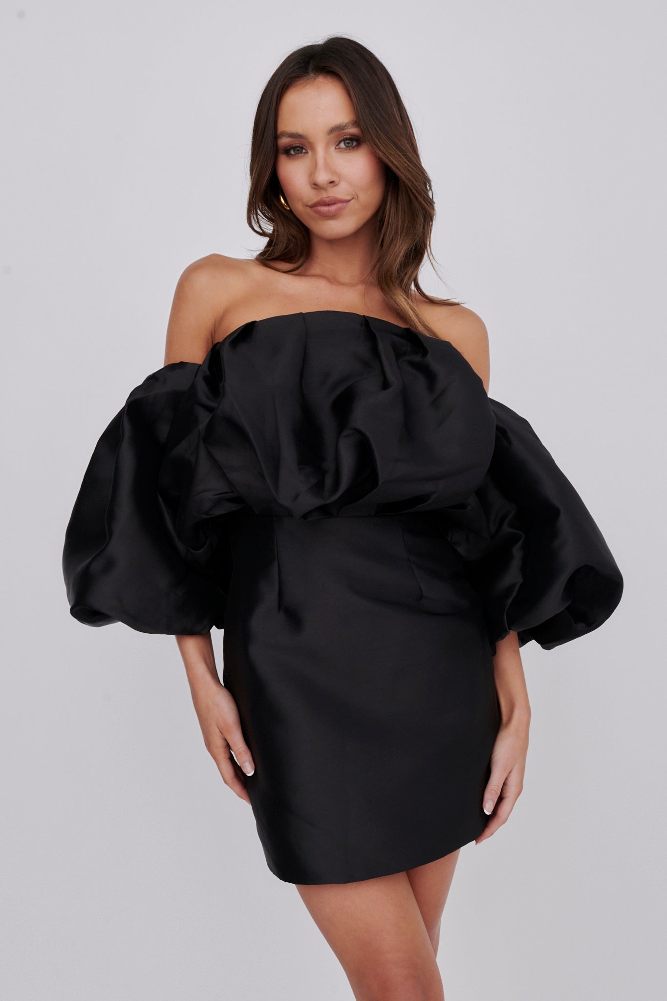 Dream Time Puffed Neckline Mini Dress Black-Fable Dress